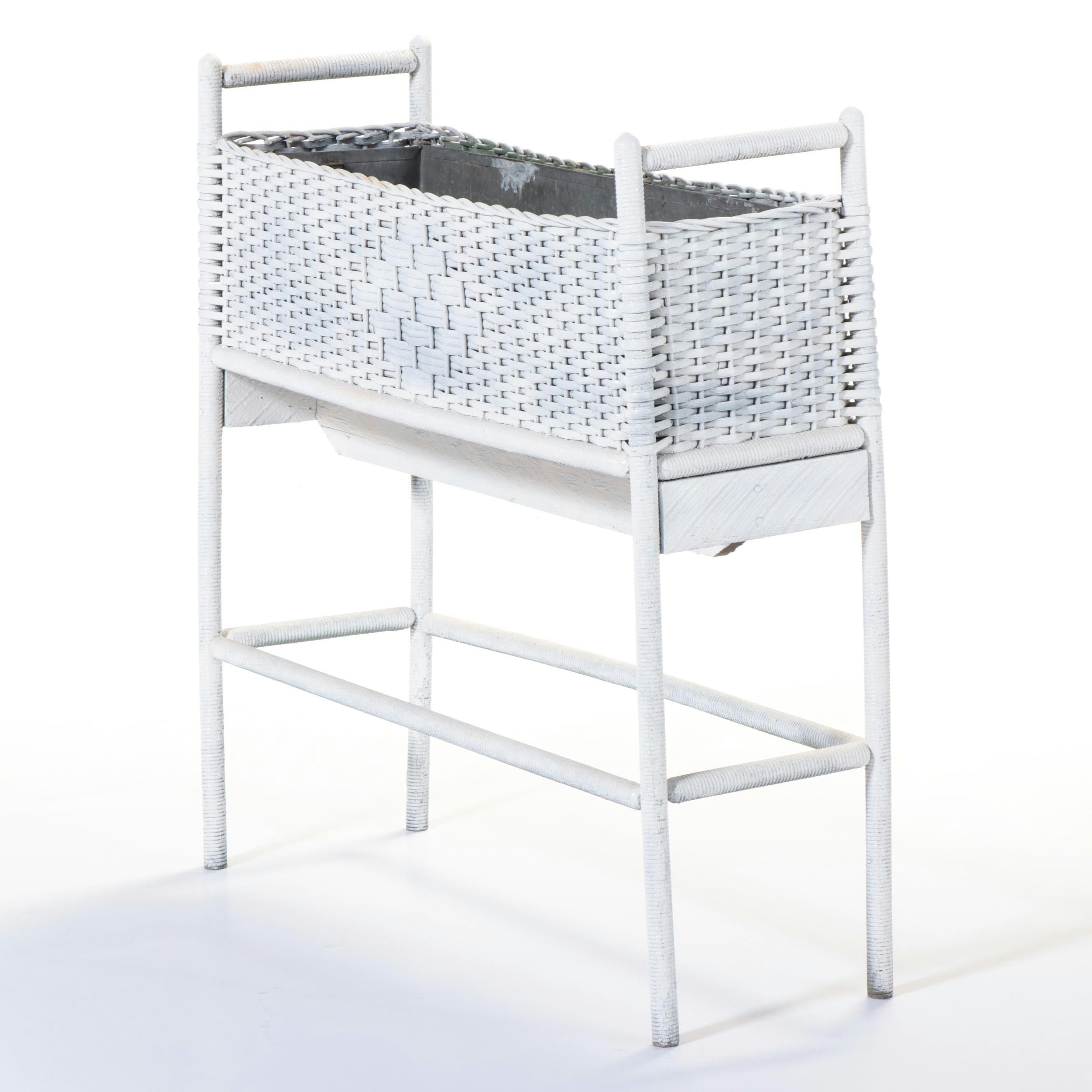 White Wicker Painted Planter Box With Galvanized Metal Liner, Vintage