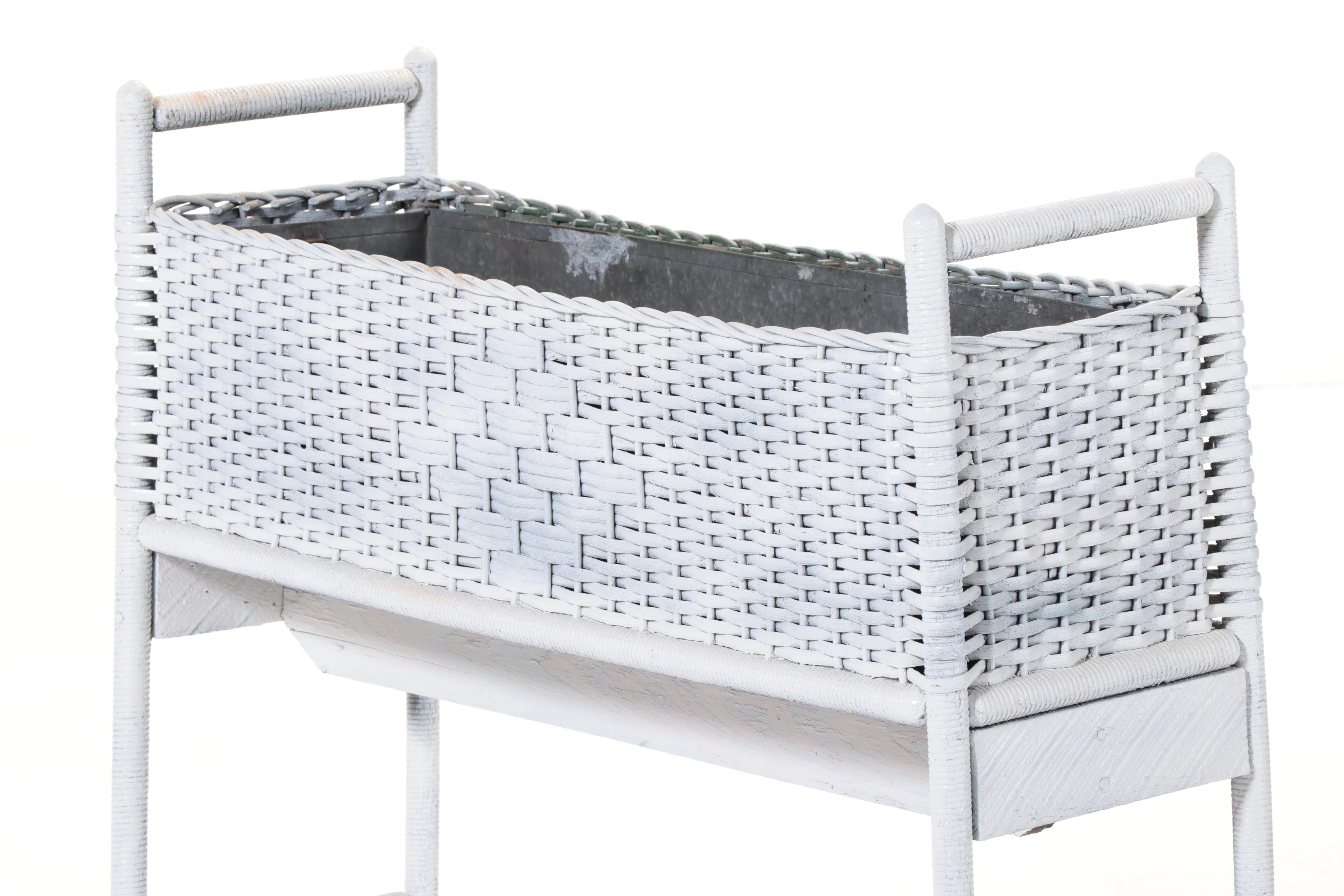 White Wicker Painted Planter Box With Galvanized Metal Liner, Vintage