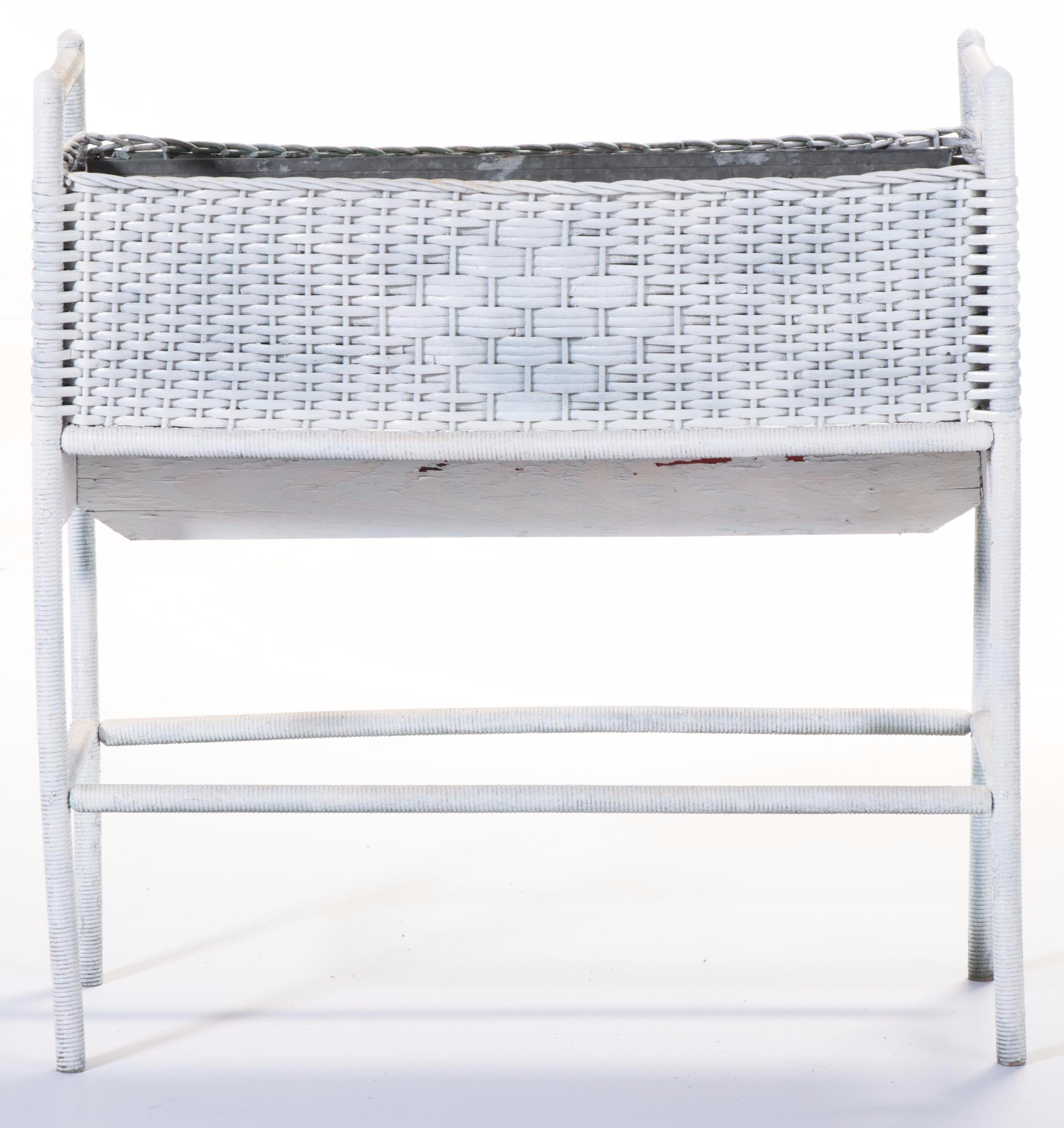 White Wicker Painted Planter Box With Galvanized Metal Liner, Vintage