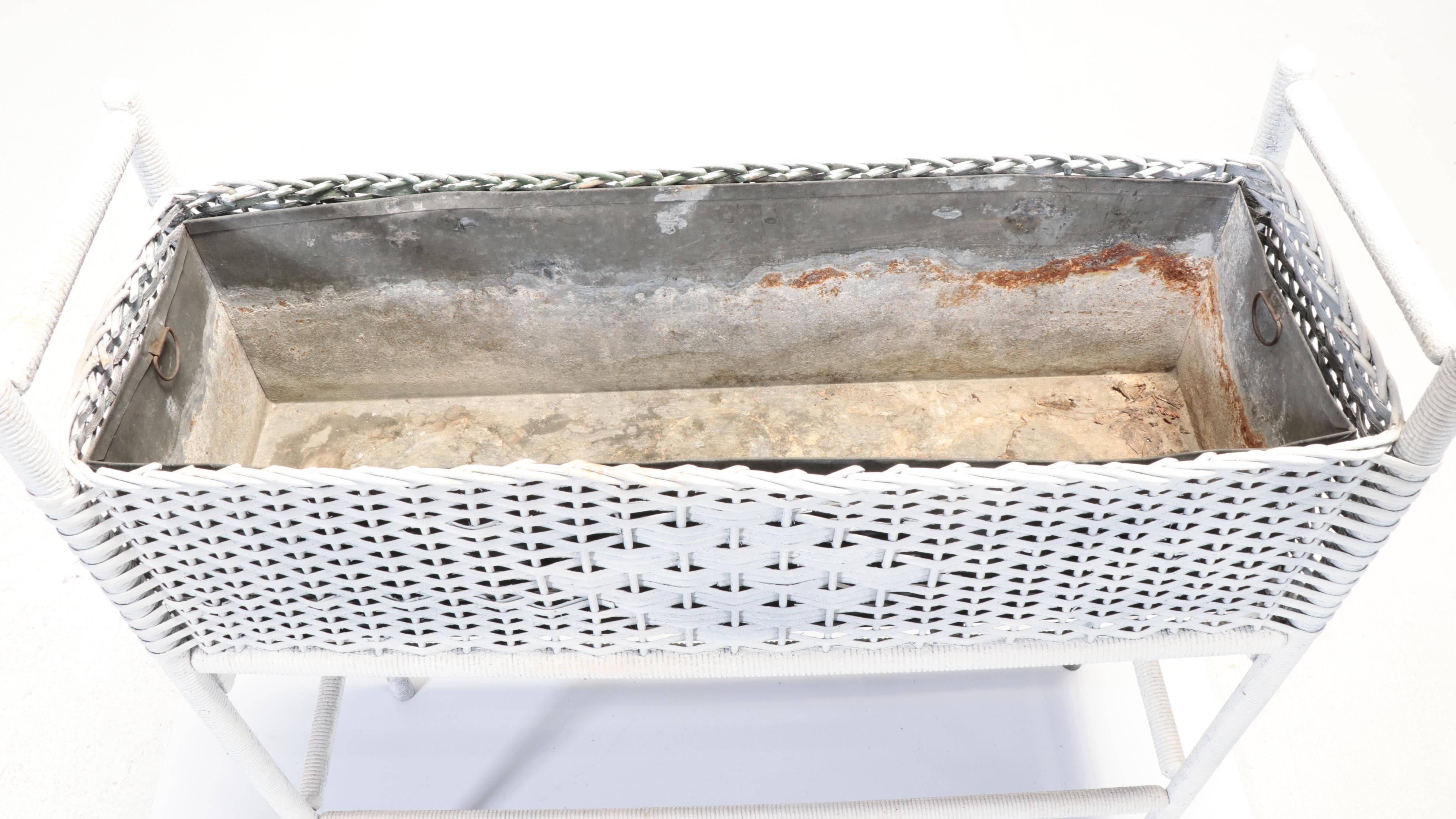 White Wicker Painted Planter Box With Galvanized Metal Liner, Vintage