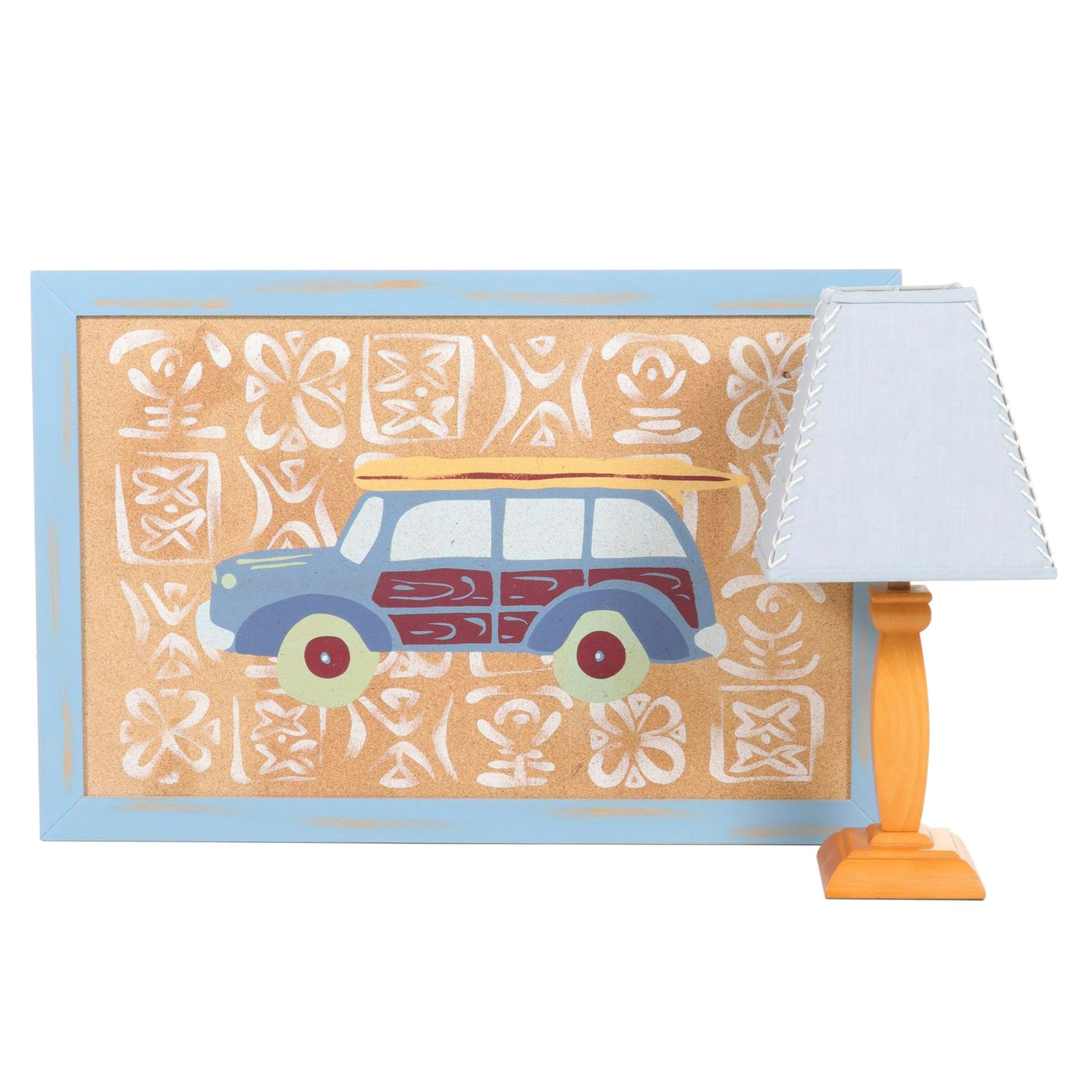 Wooden Lamp With Baseball Stitch Shade & Woody Wagon Cork Board