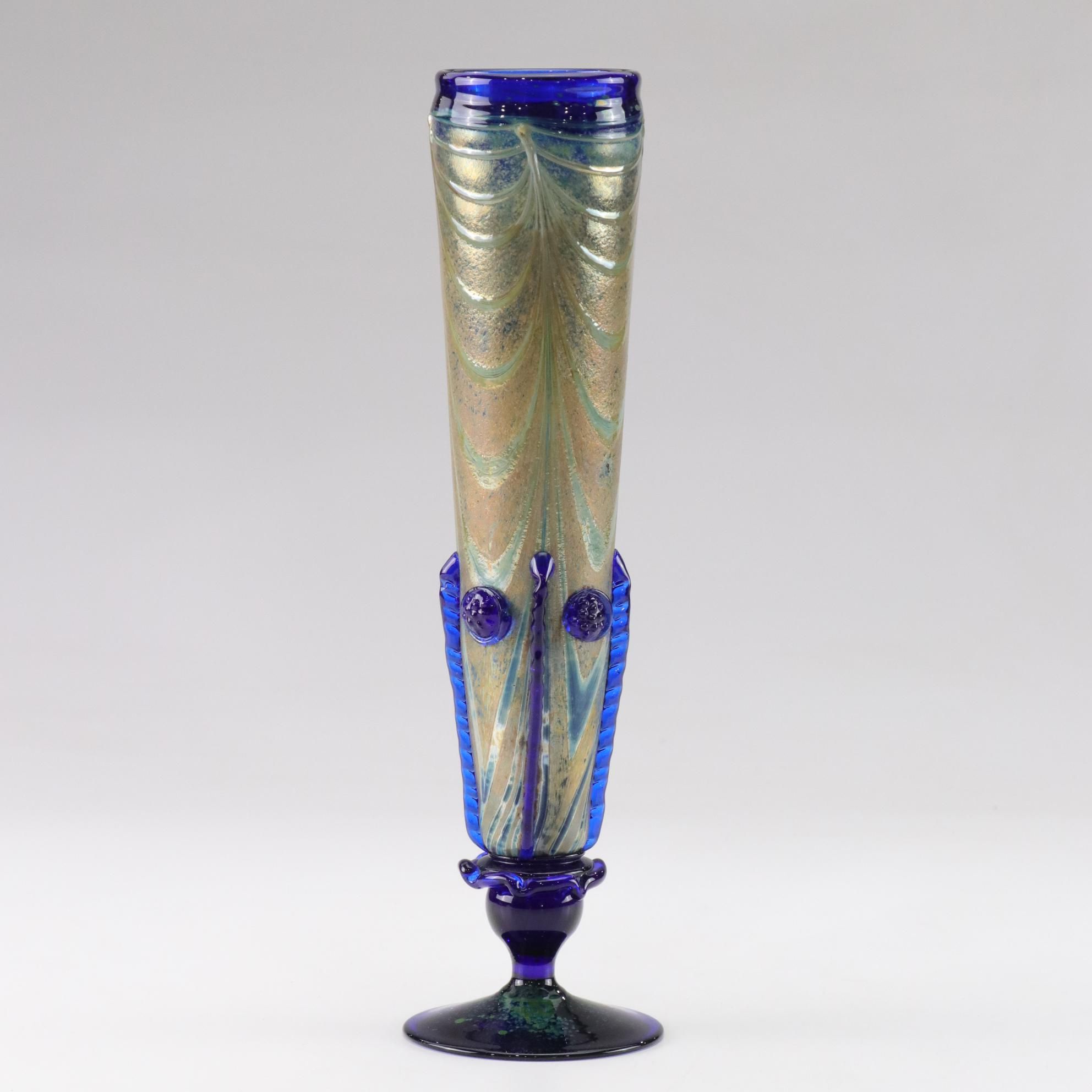 Venetian Art Glass Vase Featuring Gold Drape Design, Rippled Wings and Rosettes
