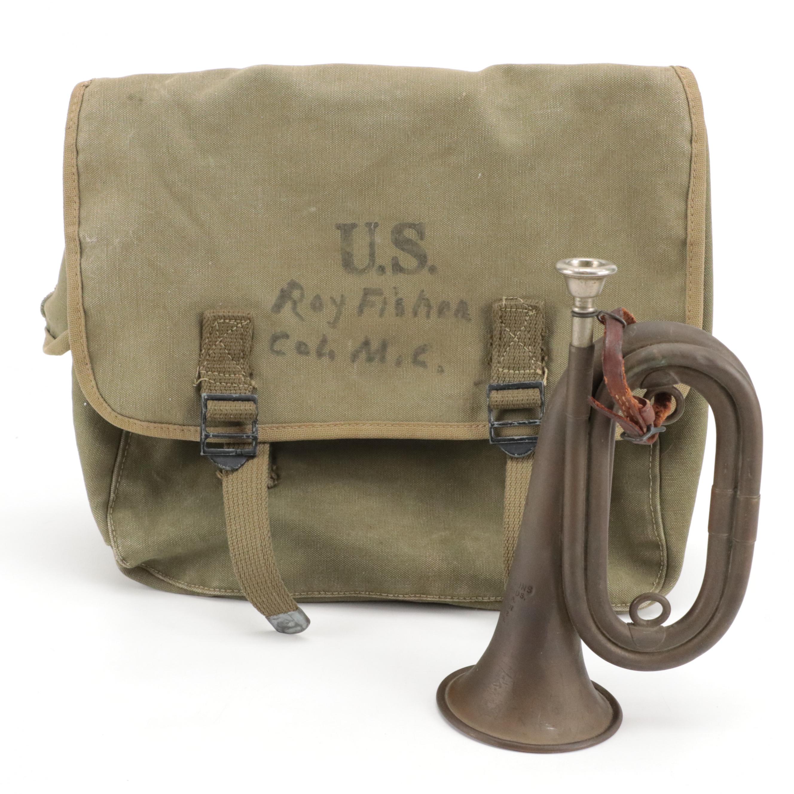 J.W. York & Sons WWI Cavalry Bugle with WWII Canvas Messenger Bag