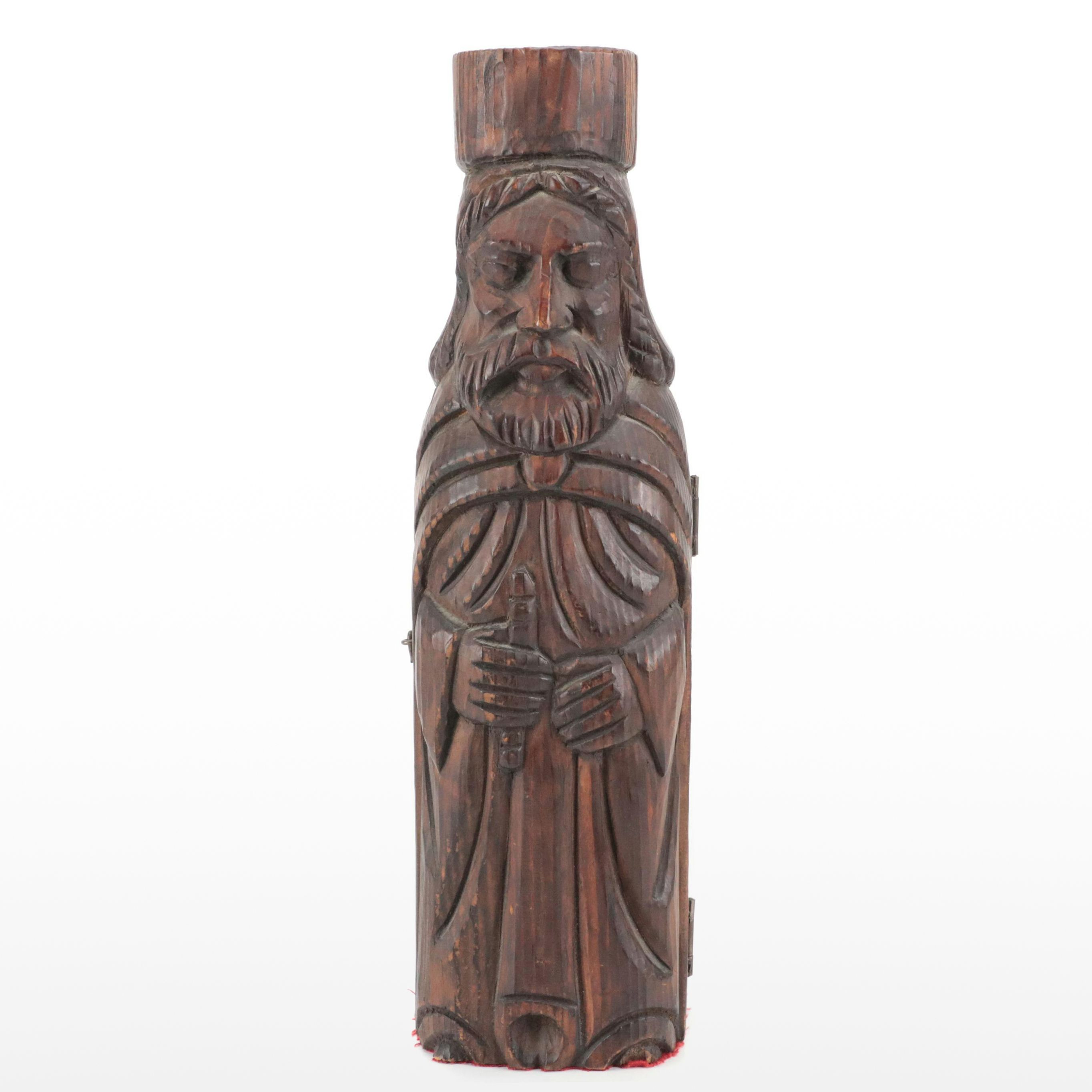 Hand-Carved Medieval Style Wooden Wine Bottle Casket