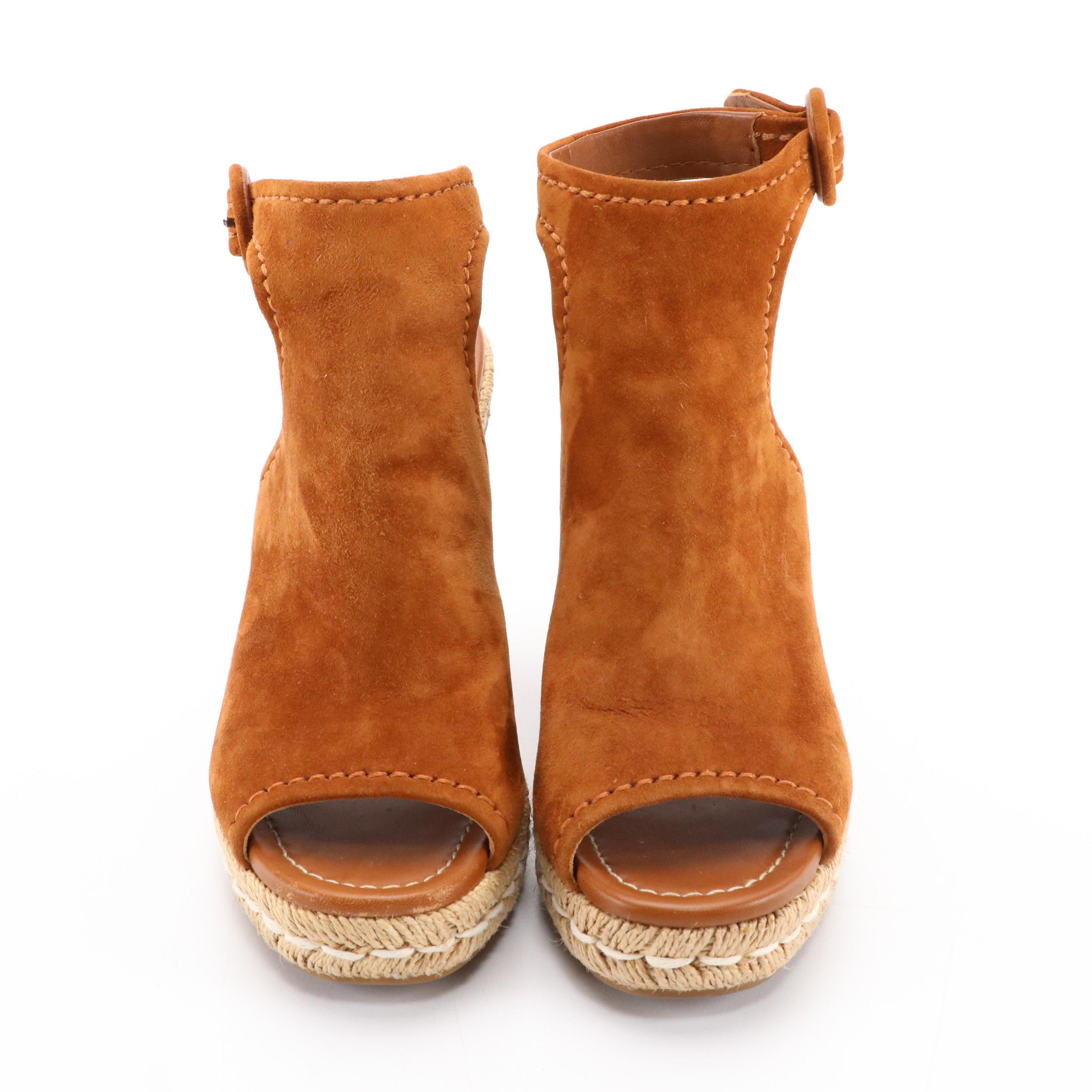 Prada Tobacco Suede Peep-Toe Ankle Strap Espadrille Wedges