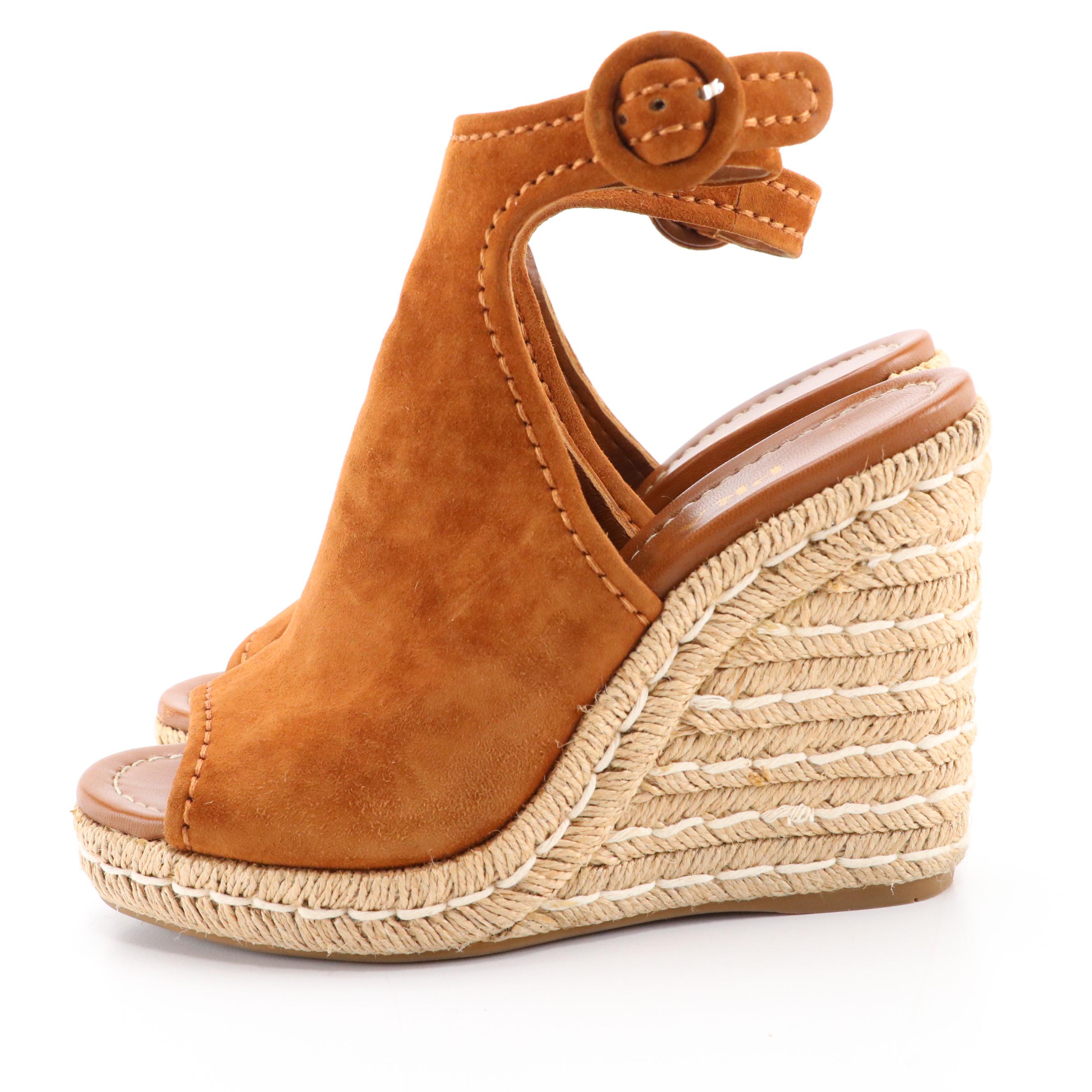 Prada Tobacco Suede Peep-Toe Ankle Strap Espadrille Wedges