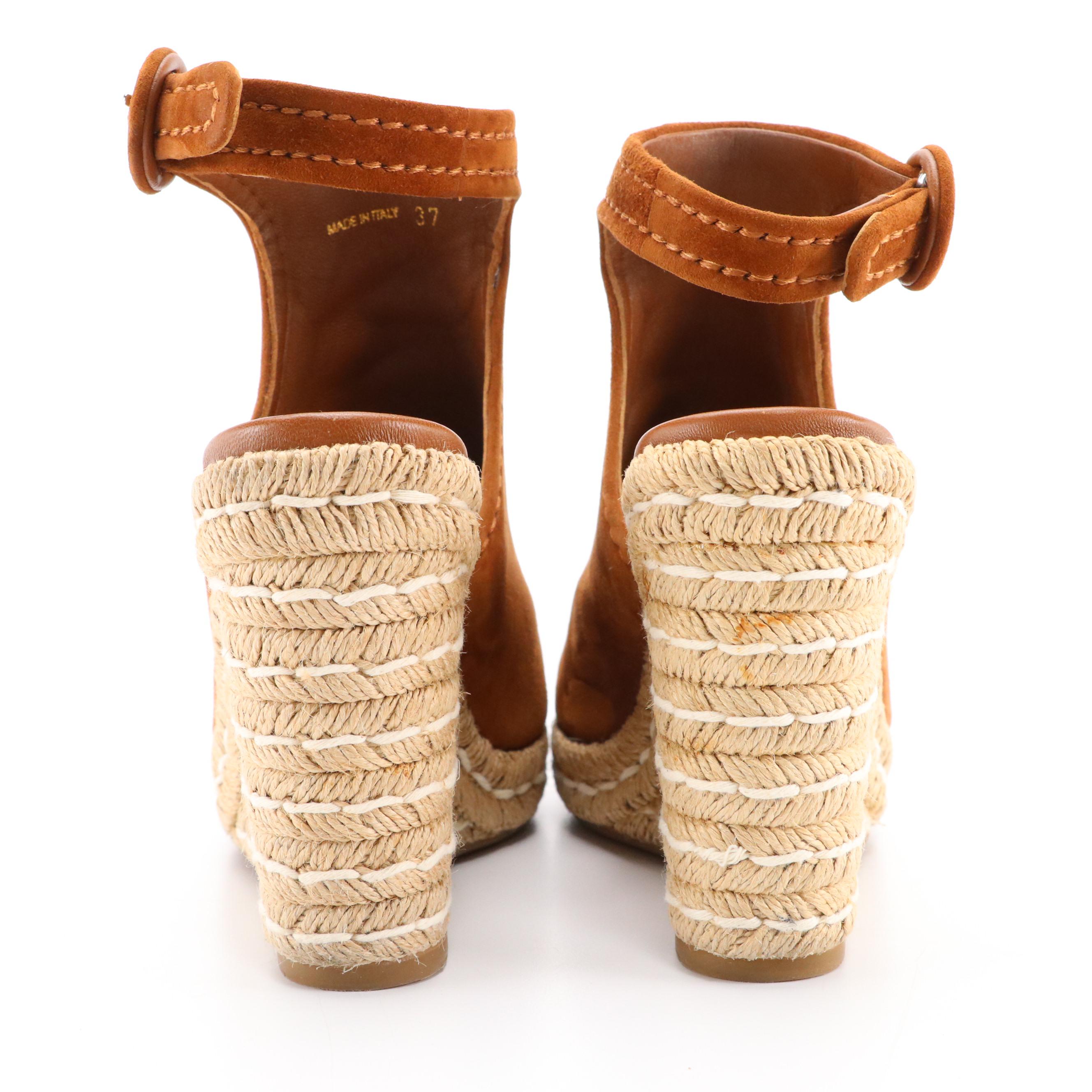 Prada Tobacco Suede Peep-Toe Ankle Strap Espadrille Wedges
