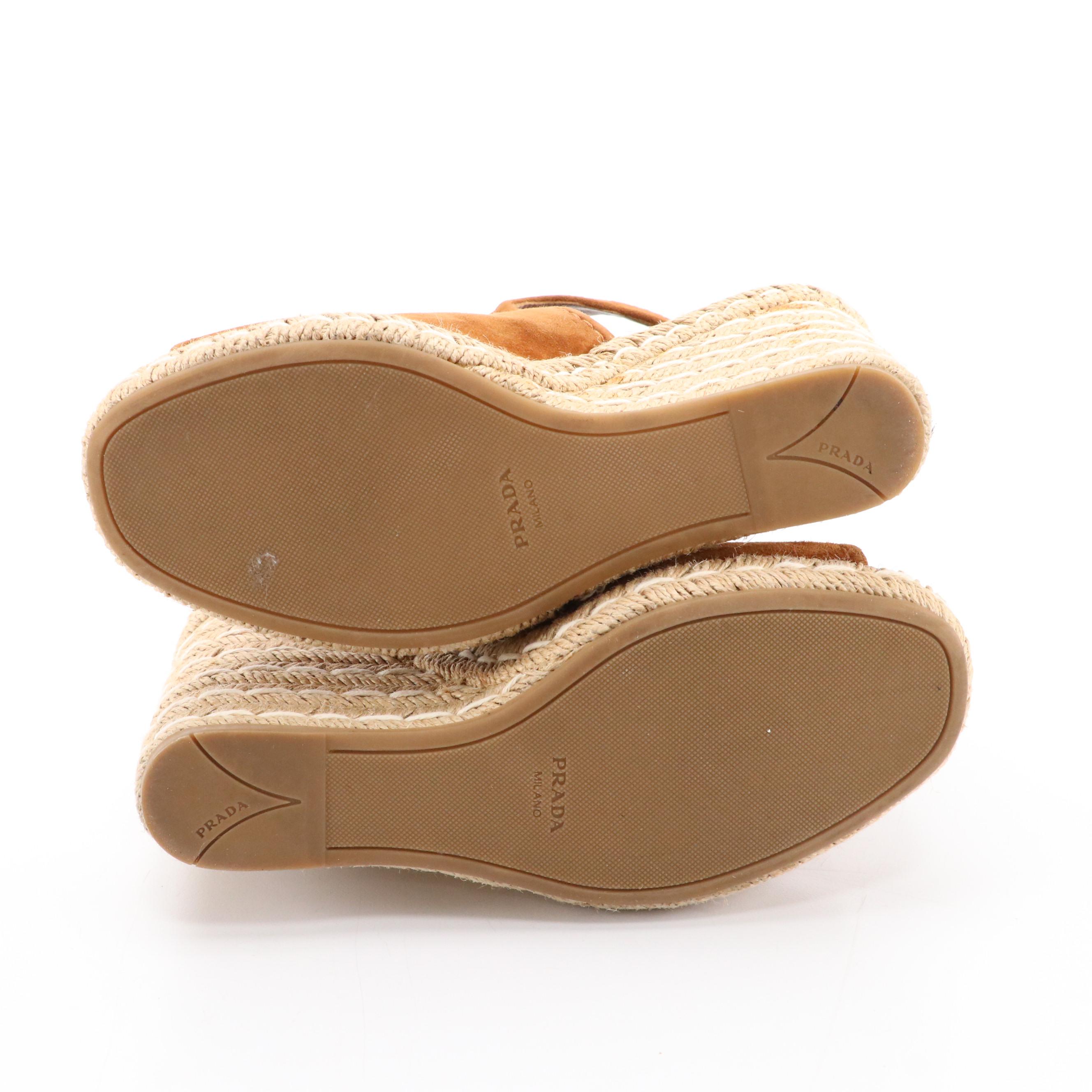 Prada Tobacco Suede Peep-Toe Ankle Strap Espadrille Wedges