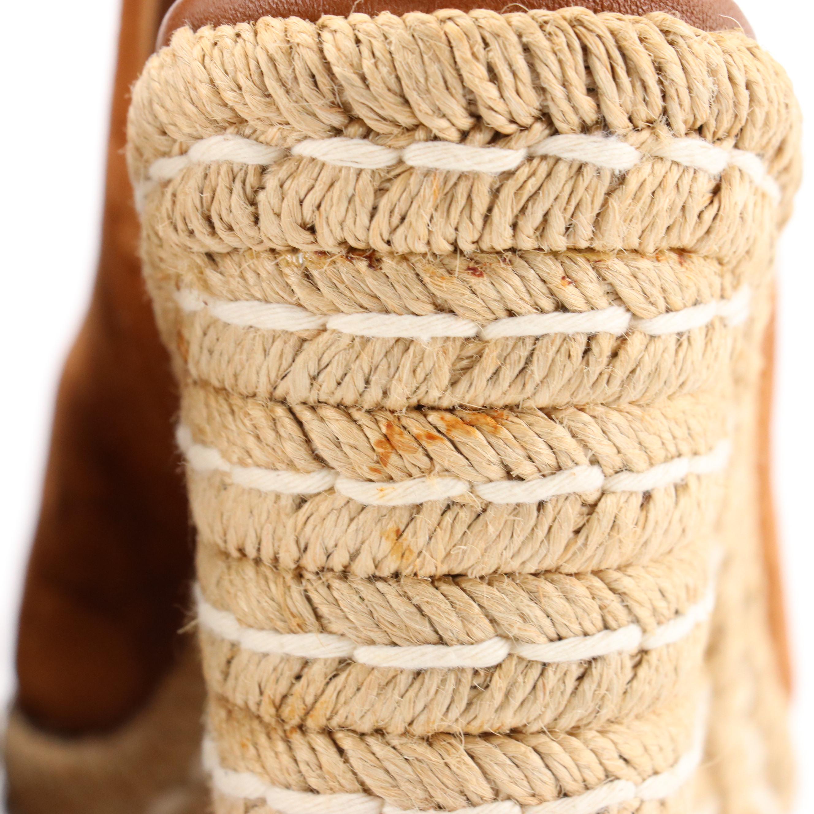 Prada Tobacco Suede Peep-Toe Ankle Strap Espadrille Wedges