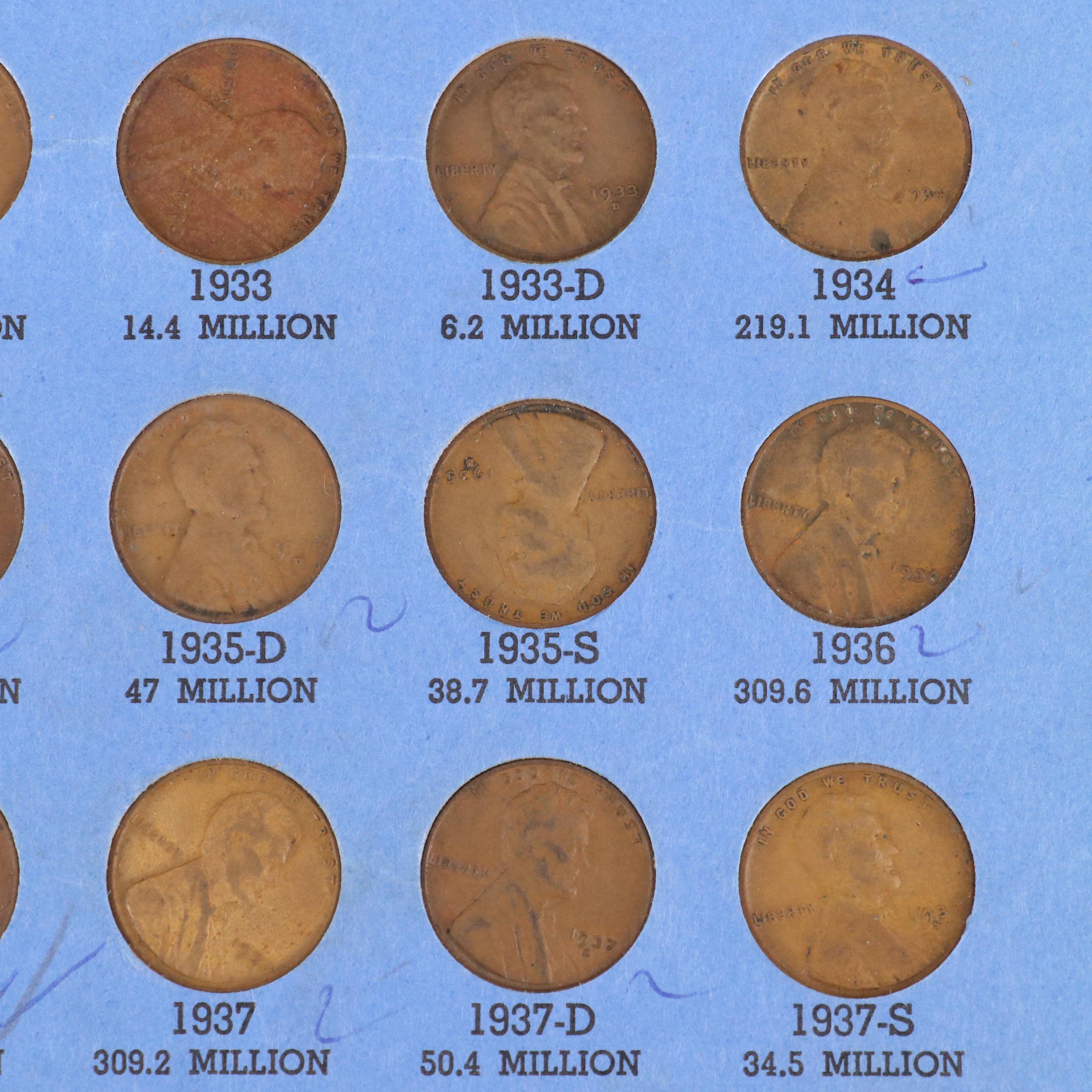 Partial Lincoln Cent Set 1909-1940 with 70 Coins