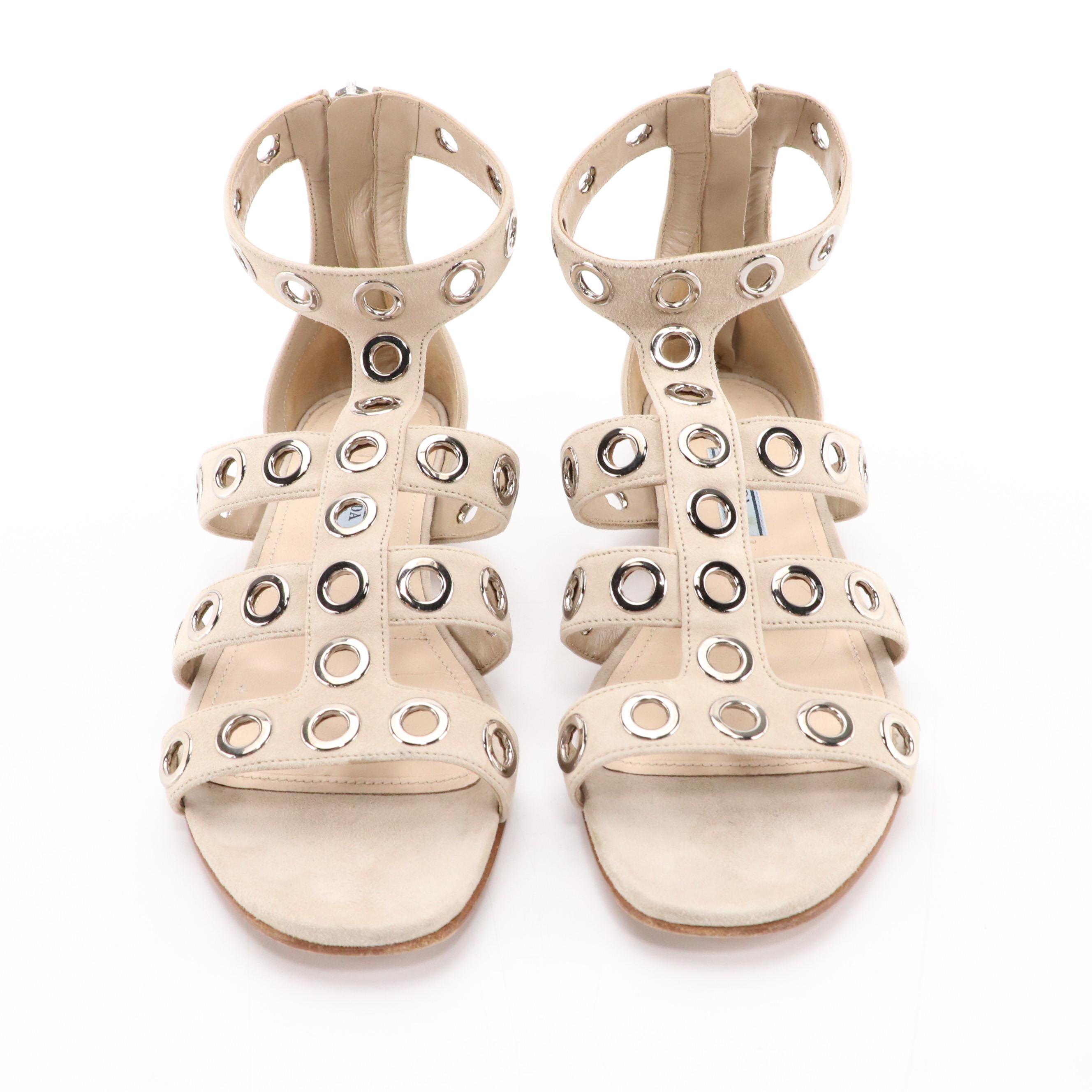 Prada Beige Suede Grommet Studded Gladiator Sandals
