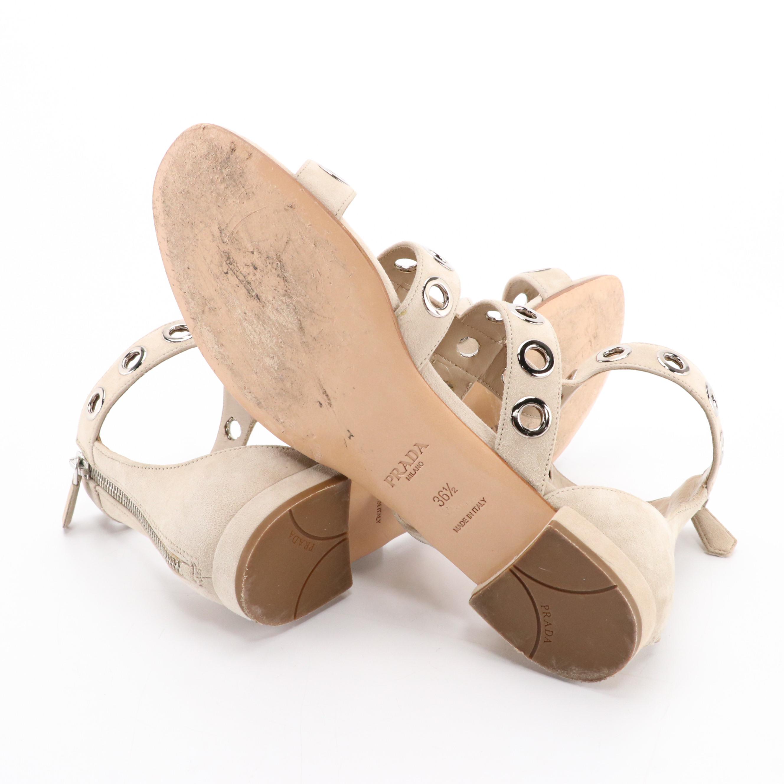 Prada Beige Suede Grommet Studded Gladiator Sandals