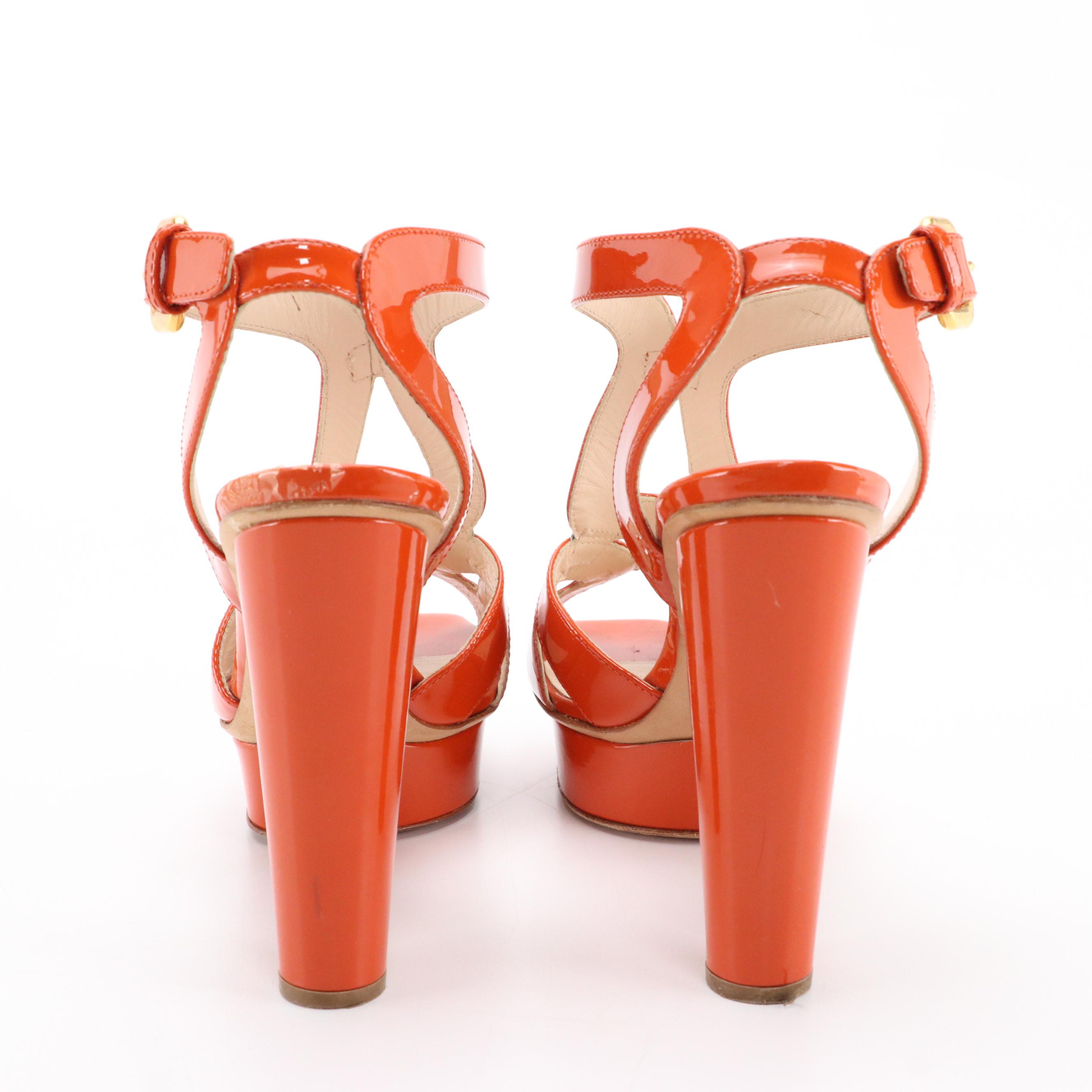 Prada Orange Patent Leather Ankle Strap Pumps