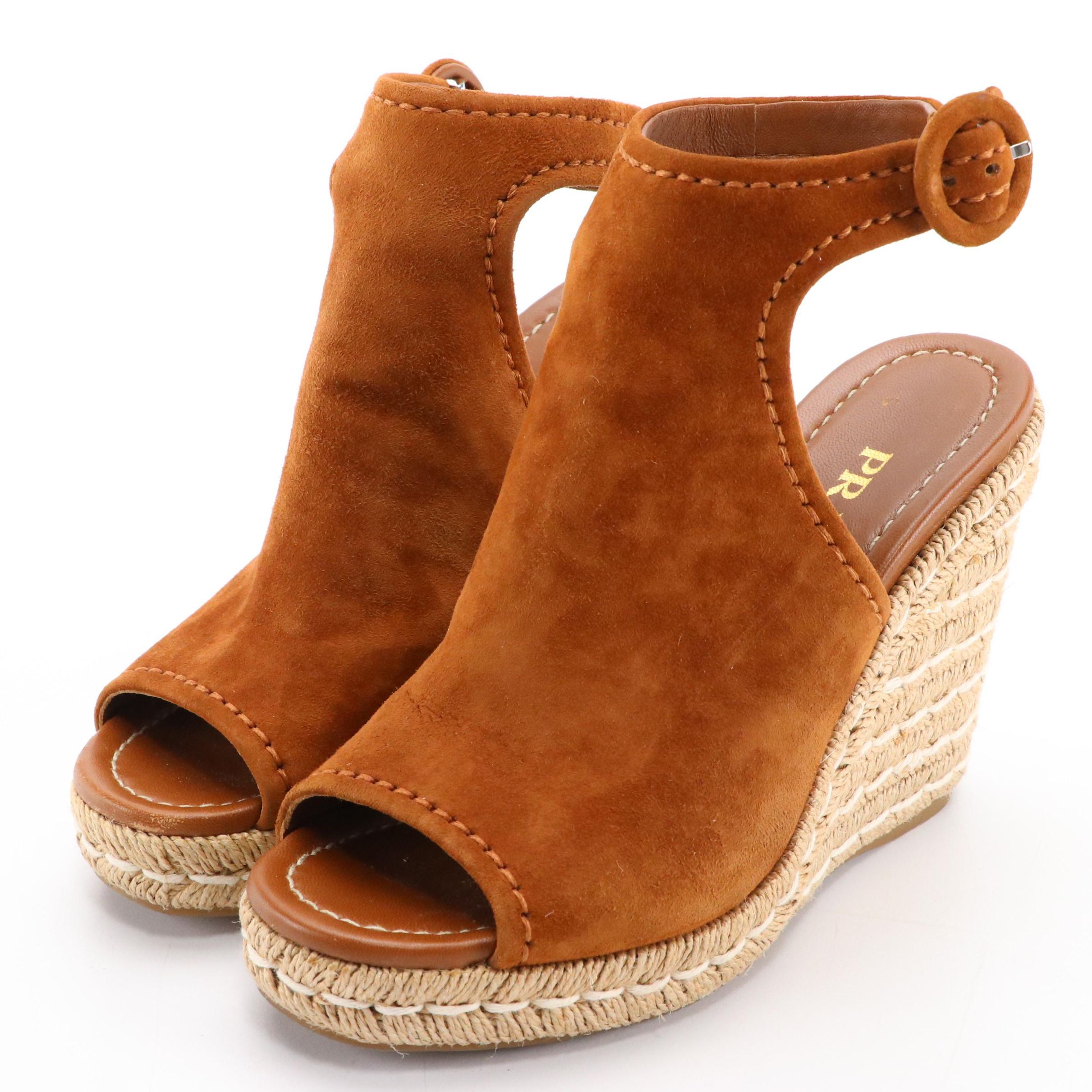 Prada Tobacco Suede Peep-Toe Ankle Strap Espadrille Wedges