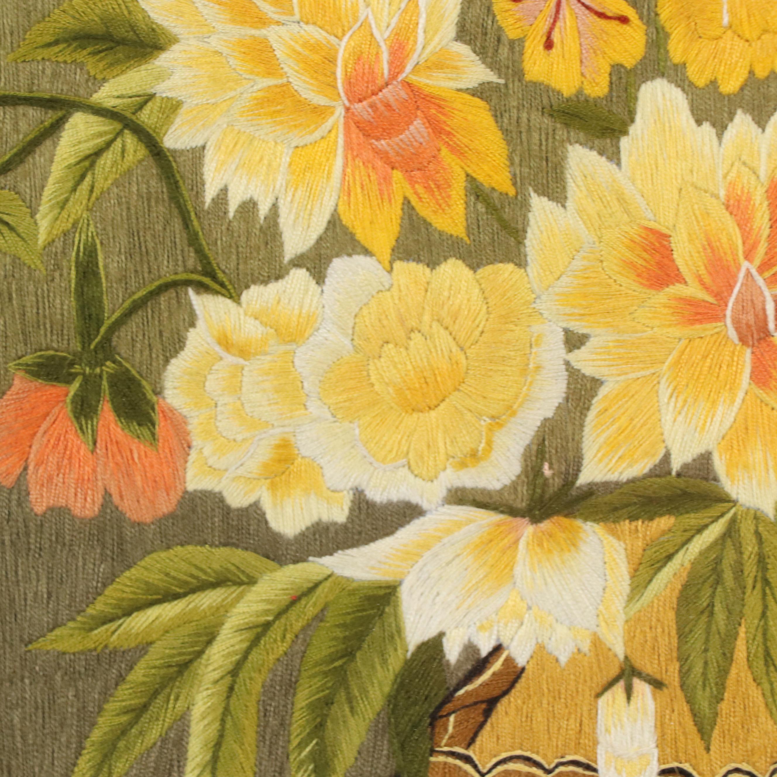 World Threads Handmade Embroidery Still Life of Flower Bouquet and Fruits