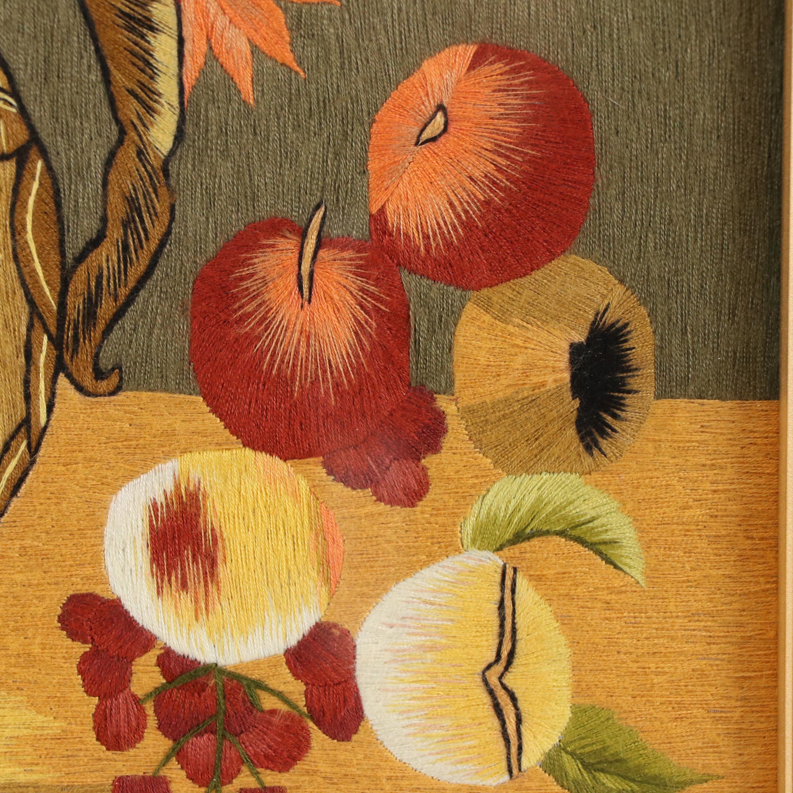 World Threads Handmade Embroidery Still Life of Flower Bouquet and Fruits