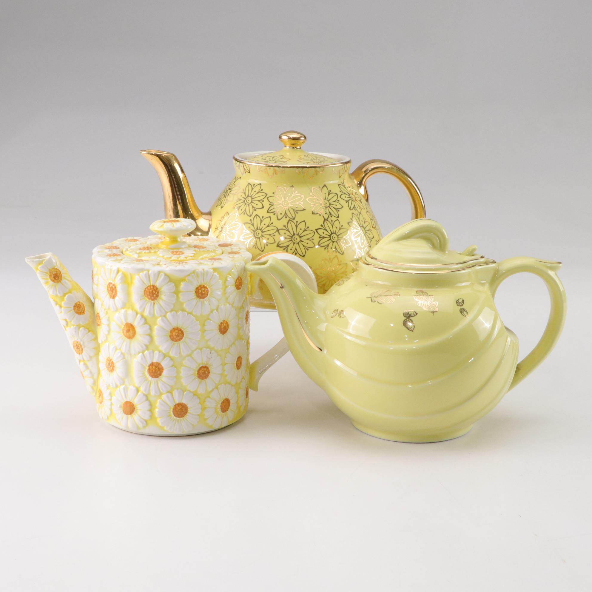 Hall 037 and 799 Ceramic Teapots with Gold Decoration with Brinn's Daisy Teapot