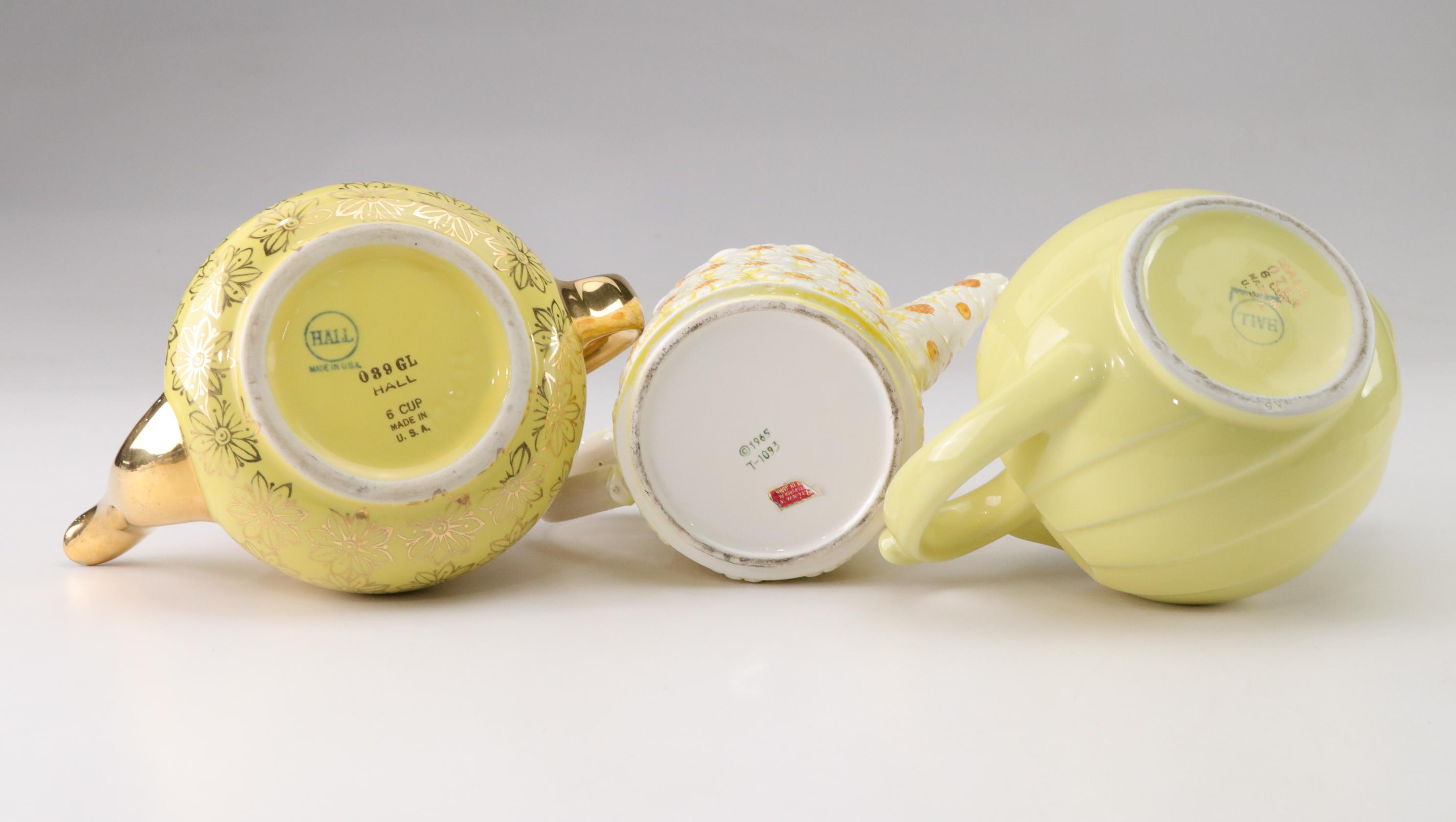 Hall 037 and 799 Ceramic Teapots with Gold Decoration with Brinn's Daisy Teapot