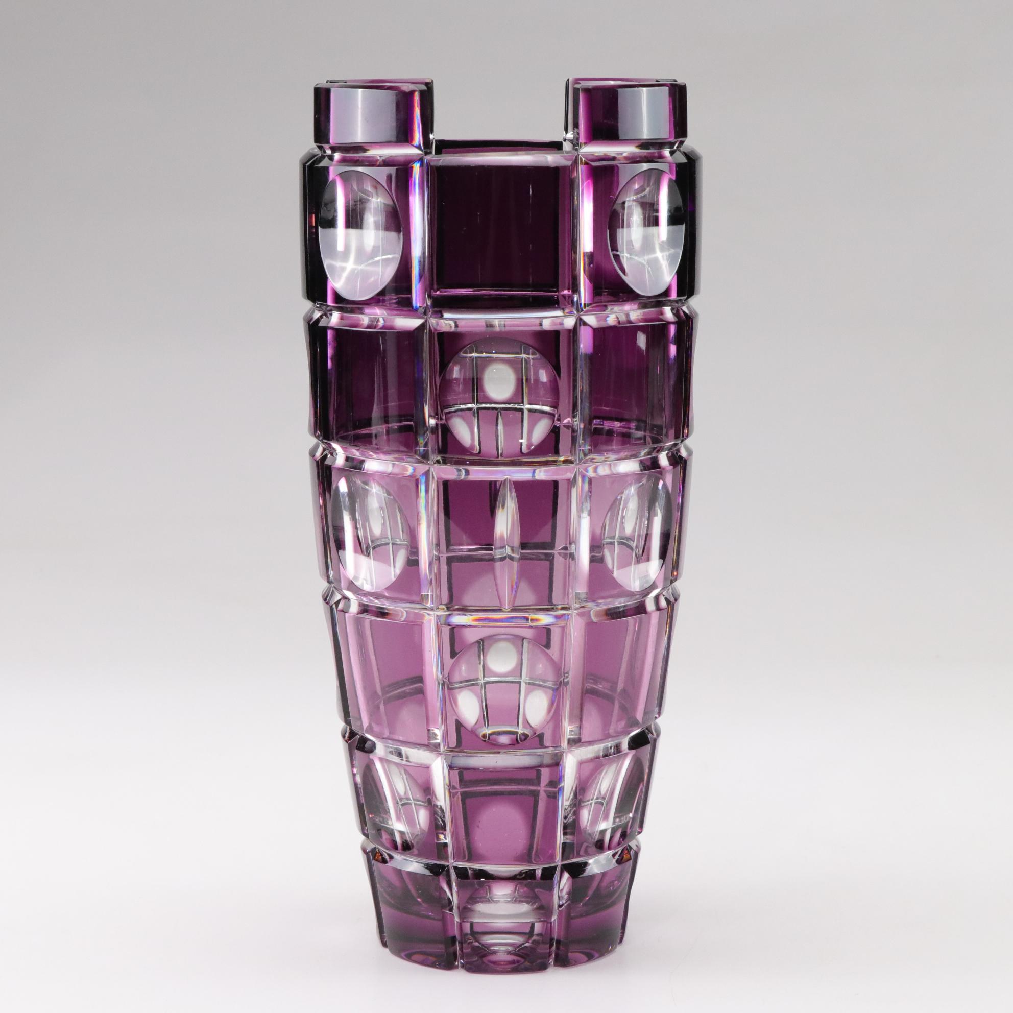 Art Deco Purple Checkerboard & Crenelate Motif Crystal Vase, Vintage