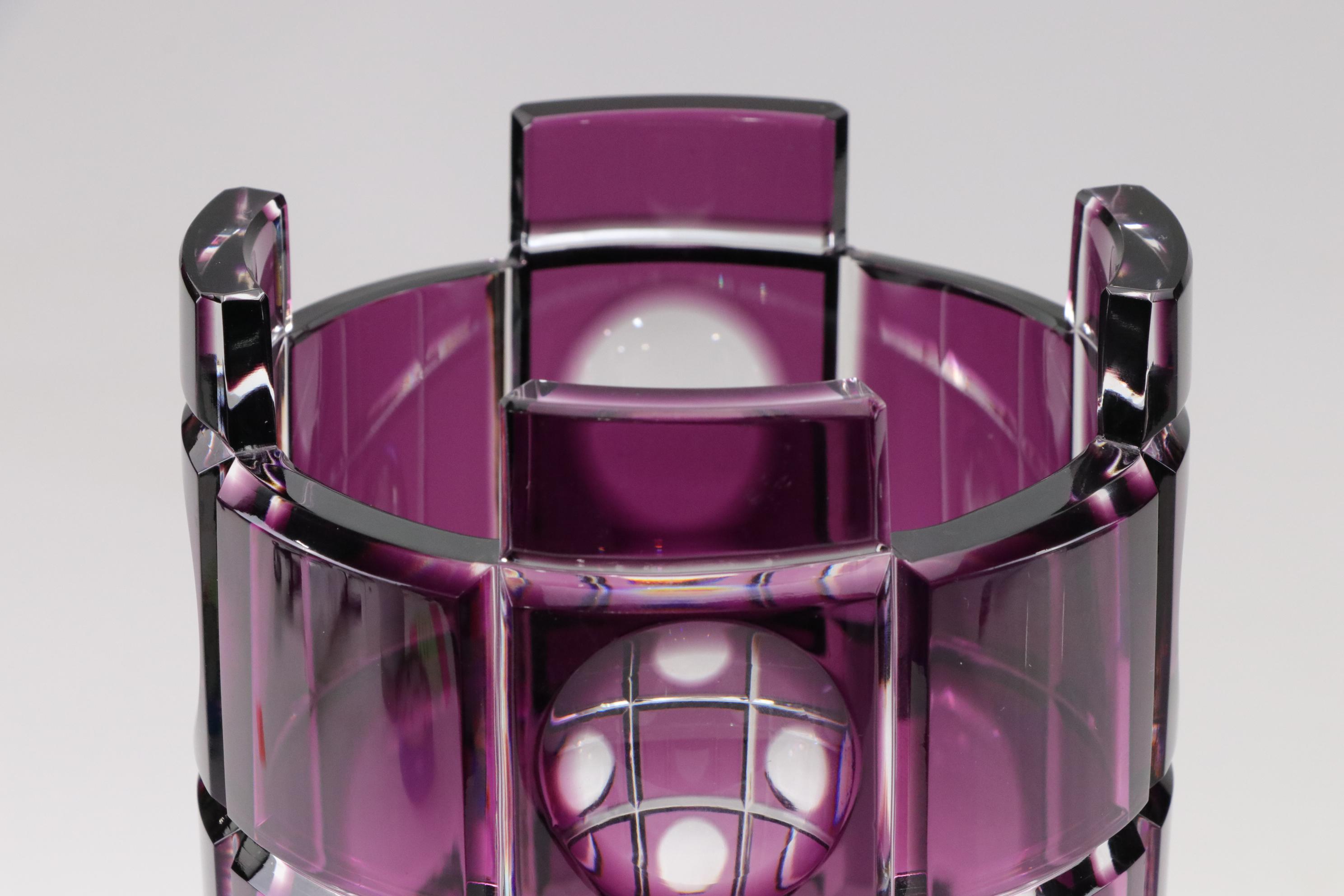 Art Deco Purple Checkerboard & Crenelate Motif Crystal Vase, Vintage