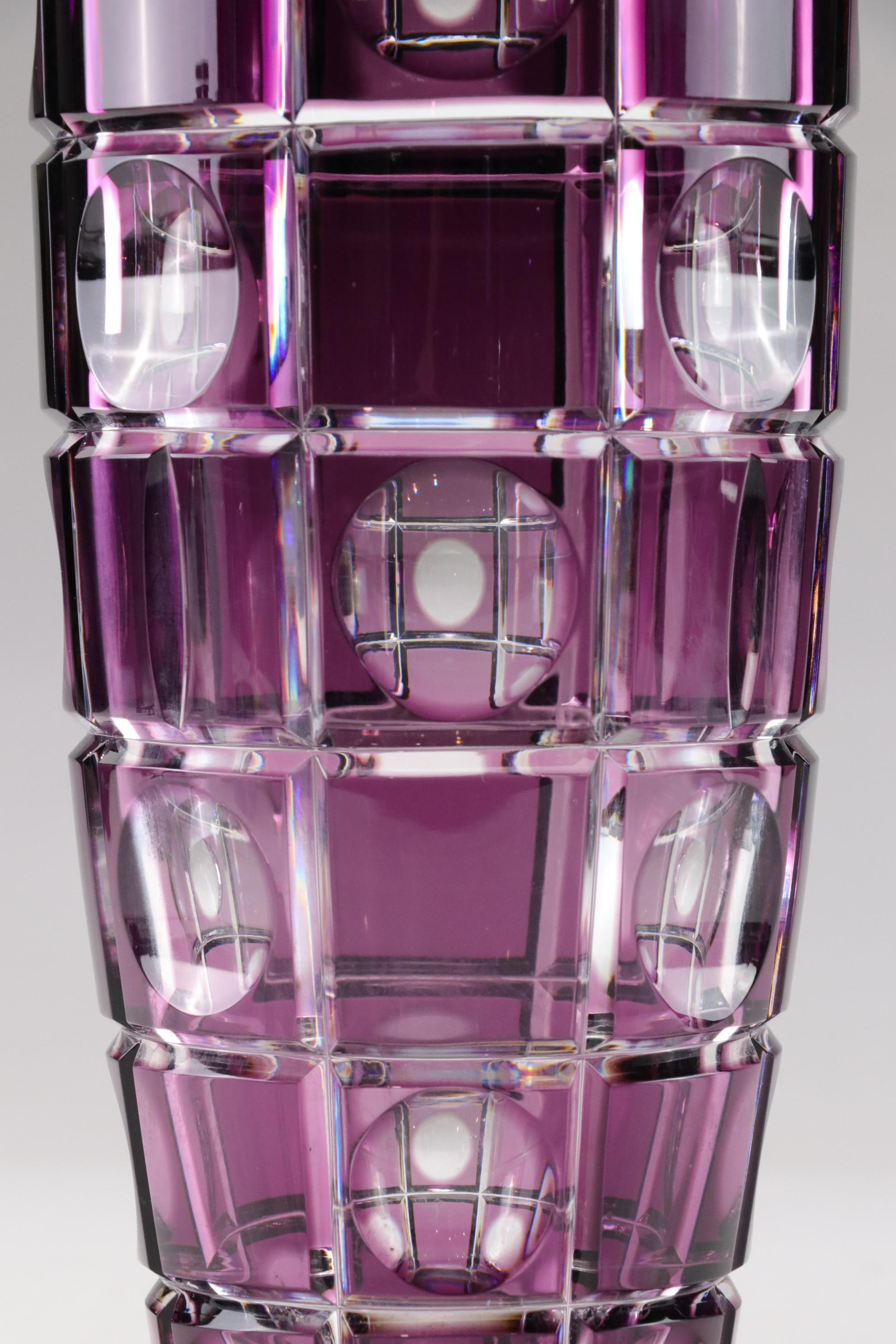 Art Deco Purple Checkerboard & Crenelate Motif Crystal Vase, Vintage