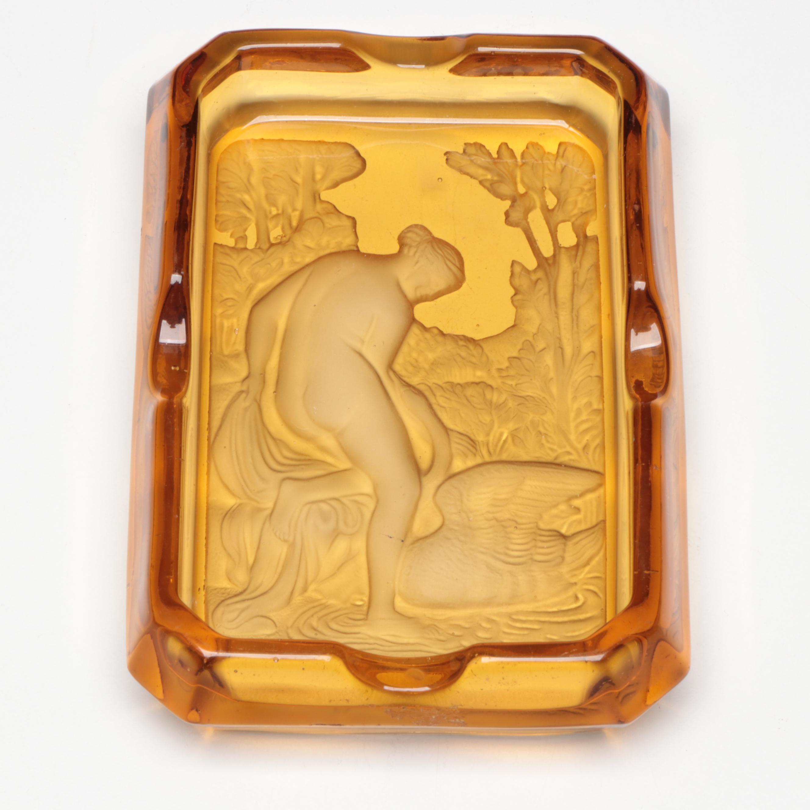 Leda and the Swan Intaglio Amber Glass Ashtray, Early to Mid-20th Century