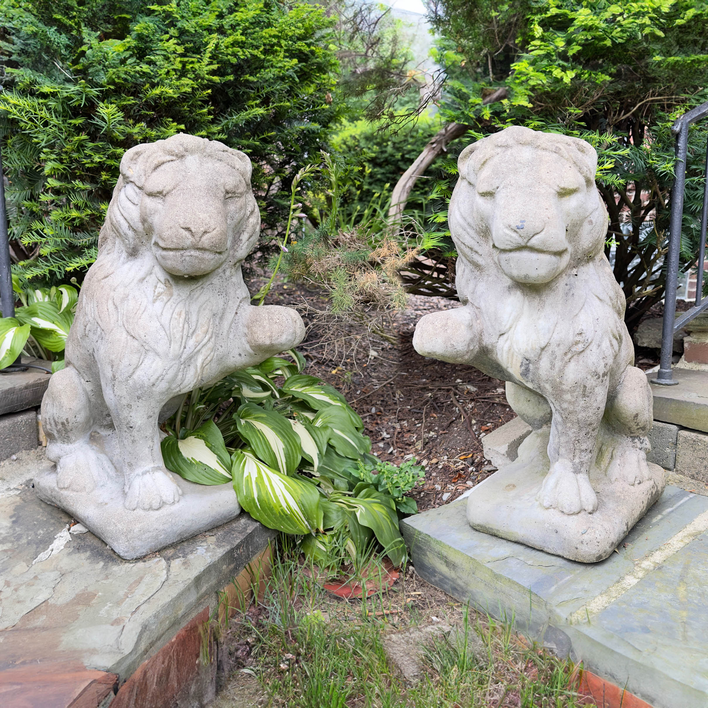 Pair of Cast Concrete Lion Garden Statues