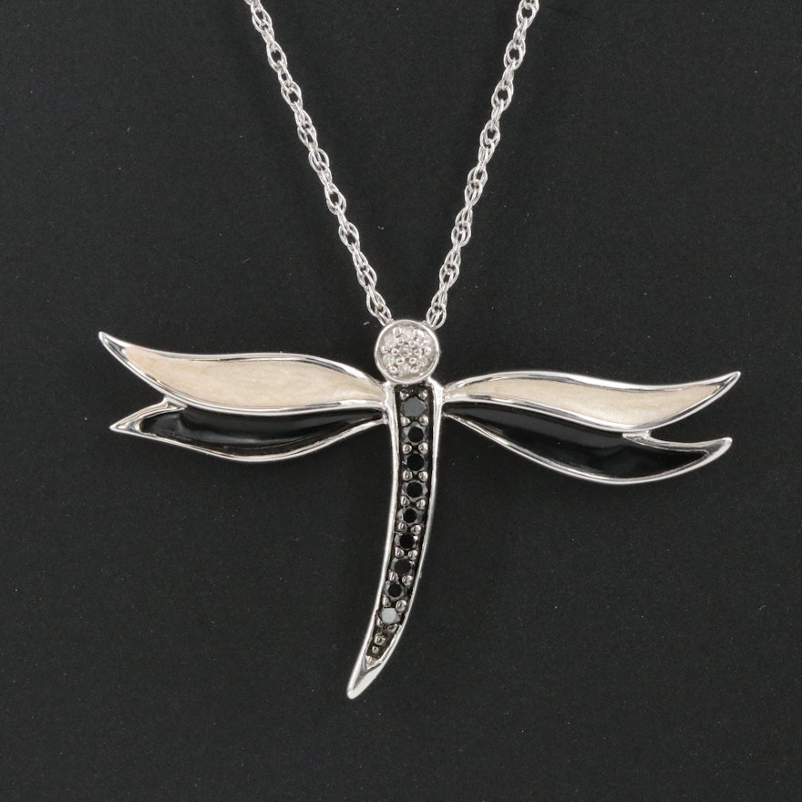 Sterling Diamond and Enamel Dragonfly Necklace with Fancy Black Diamonds