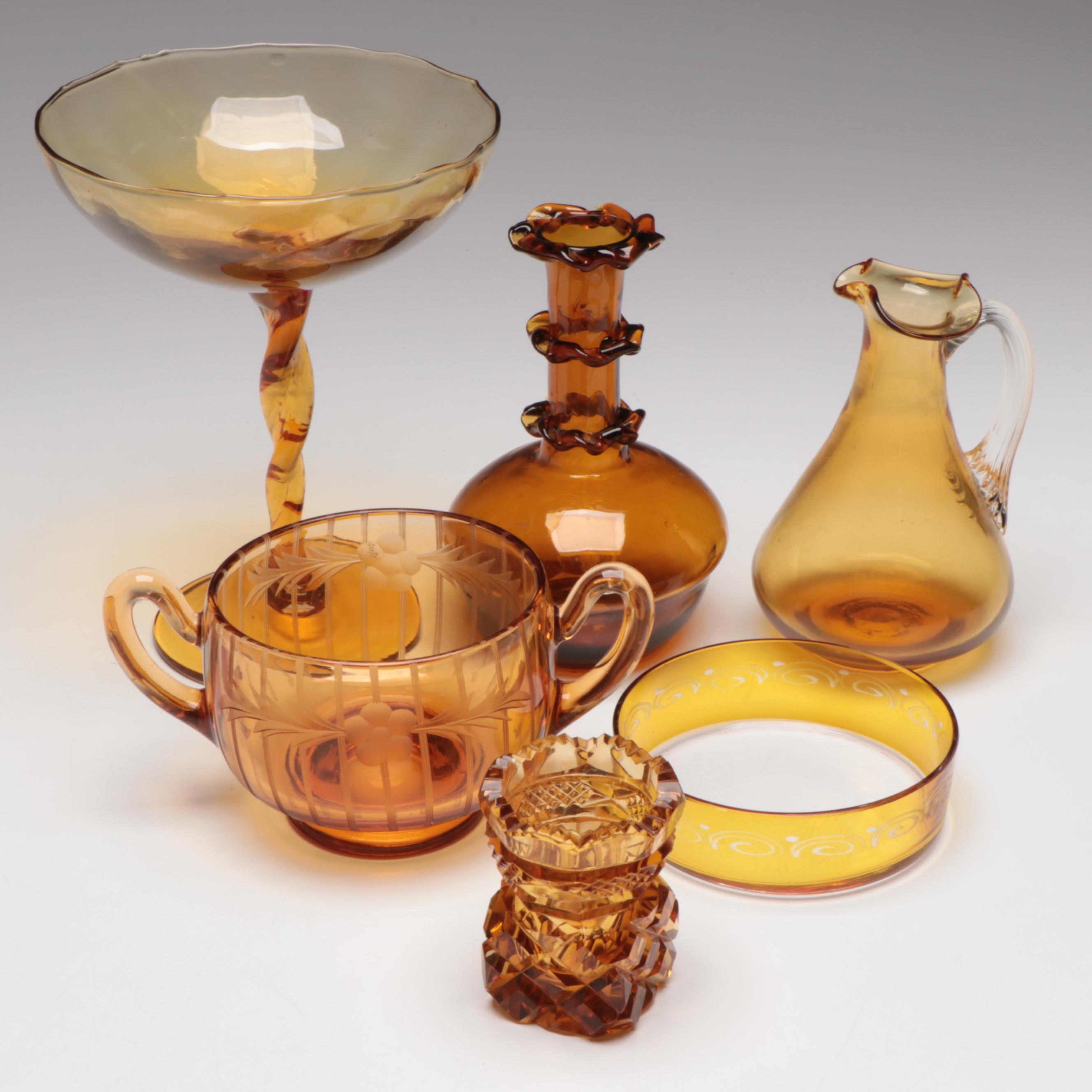 Victorian Style Cut Amber Glass Toothpick Holder with Other Amber Glass Décor