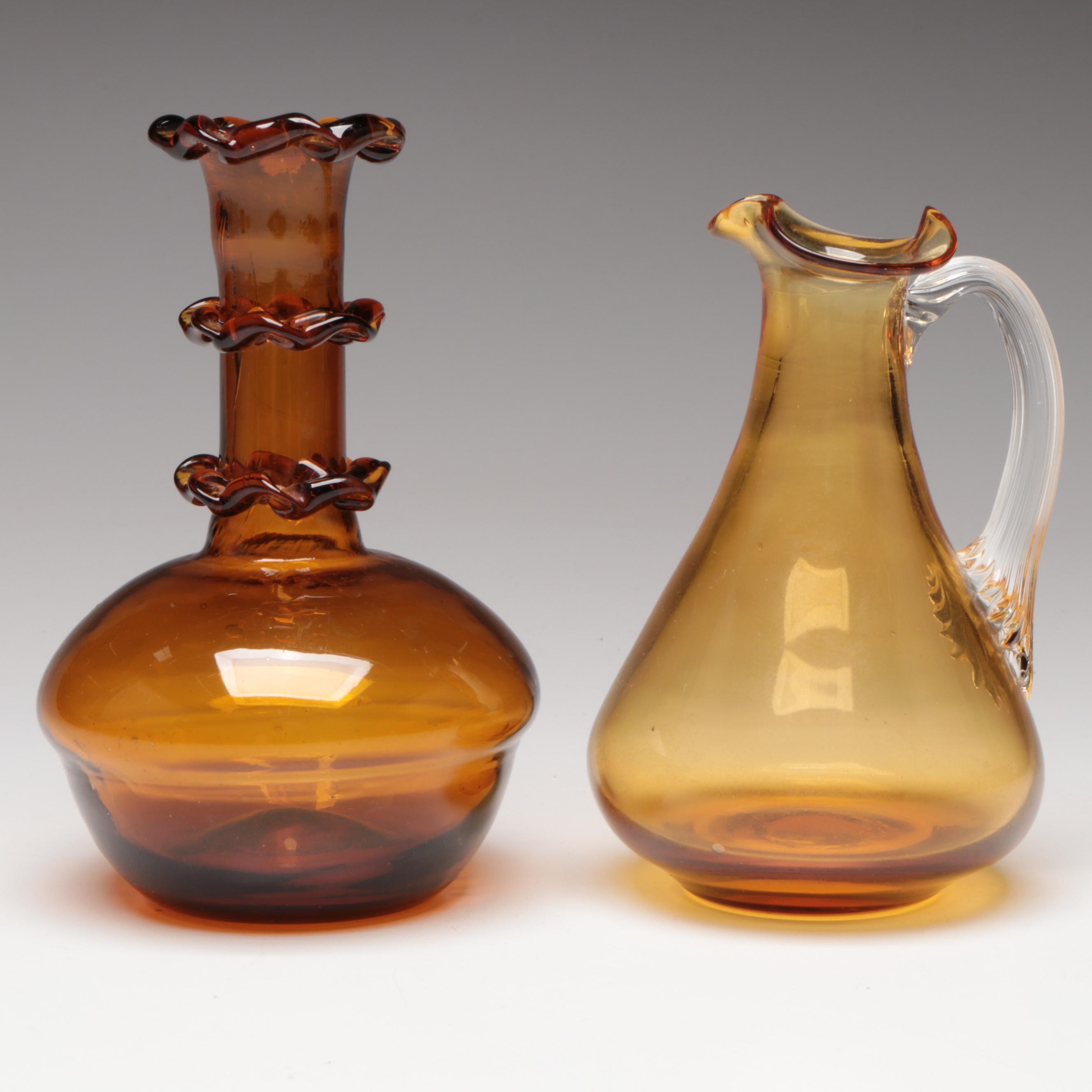 Victorian Style Cut Amber Glass Toothpick Holder with Other Amber Glass Décor