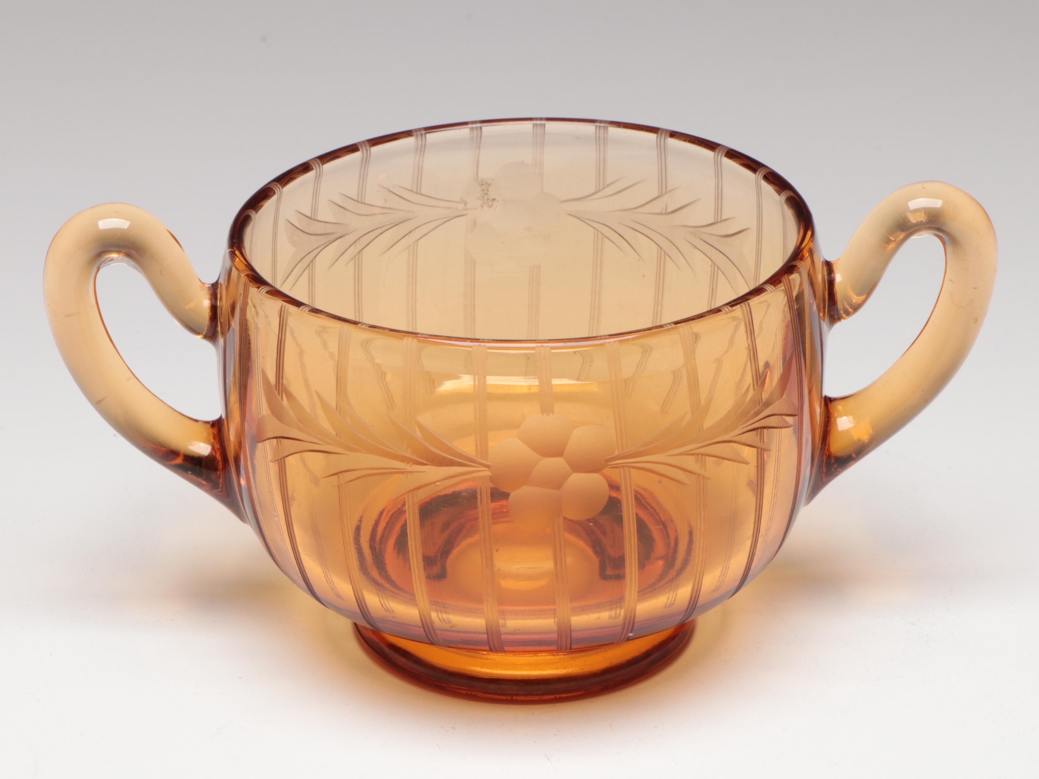 Victorian Style Cut Amber Glass Toothpick Holder with Other Amber Glass Décor