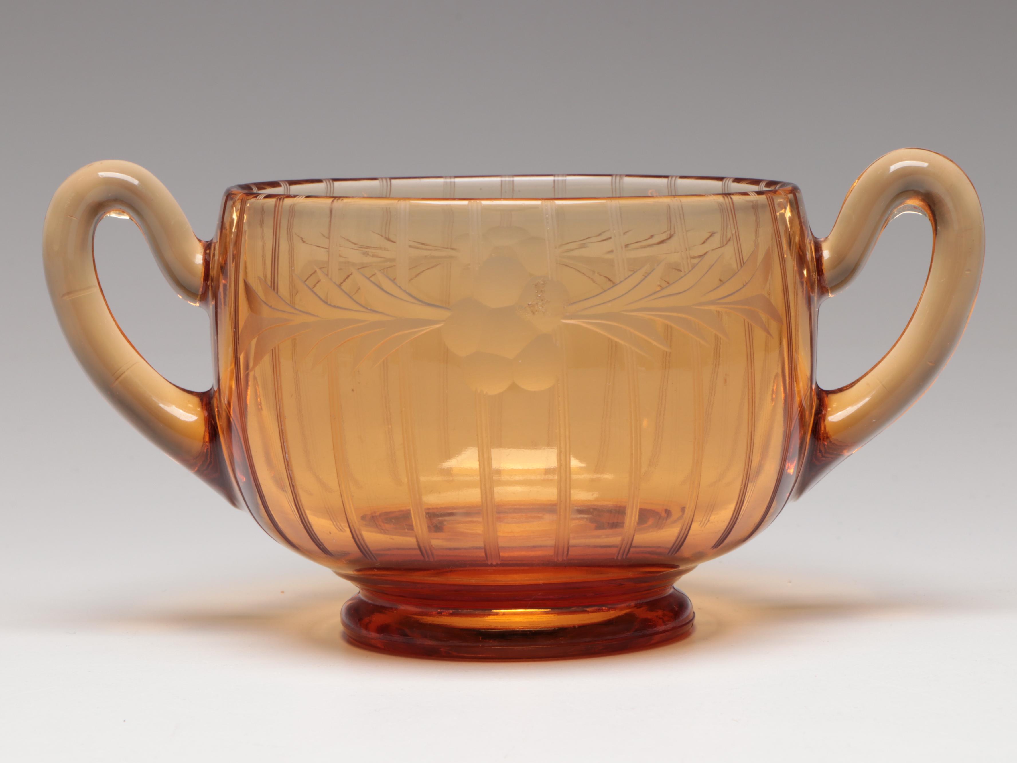 Victorian Style Cut Amber Glass Toothpick Holder with Other Amber Glass Décor