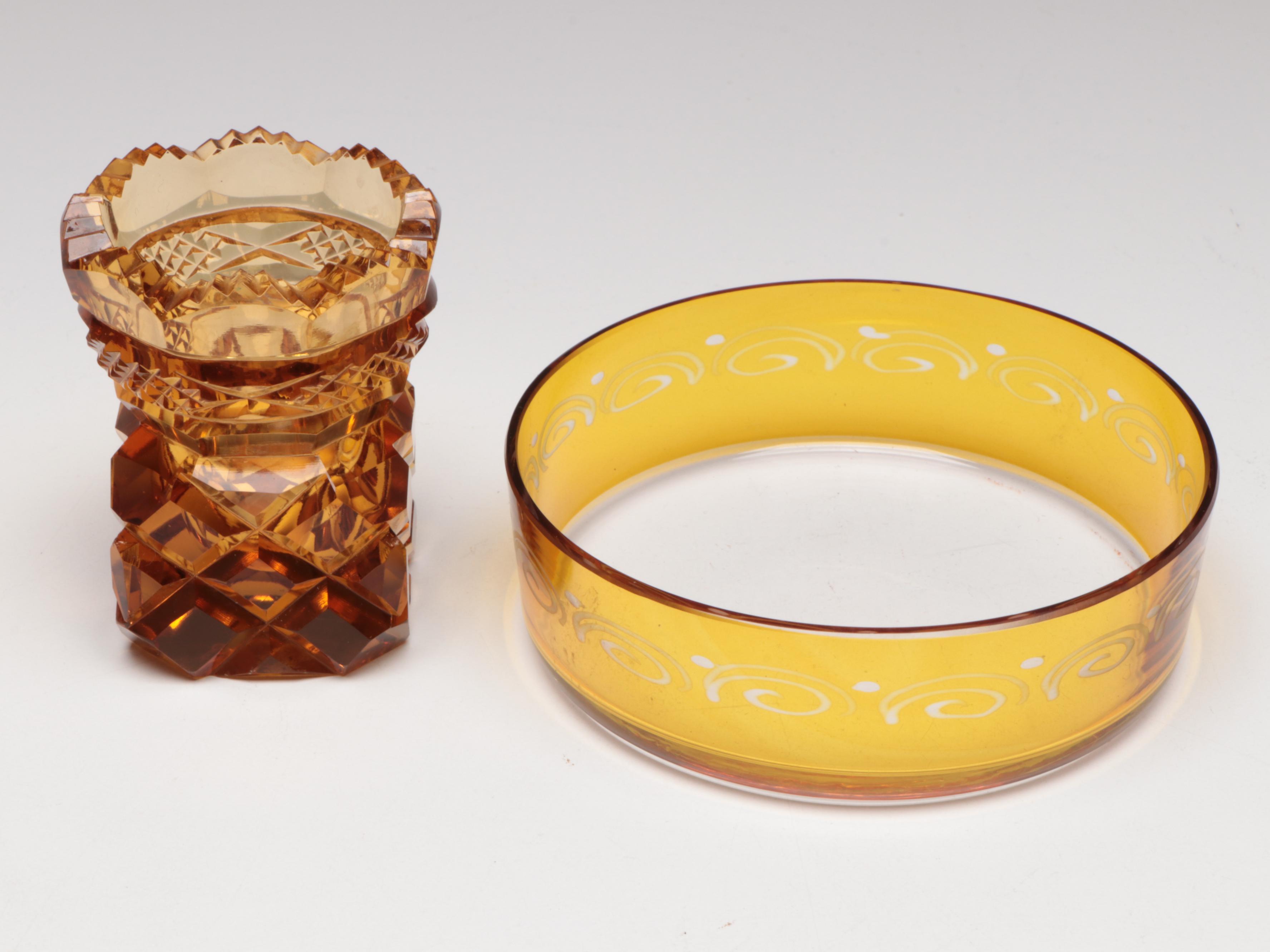 Victorian Style Cut Amber Glass Toothpick Holder with Other Amber Glass Décor