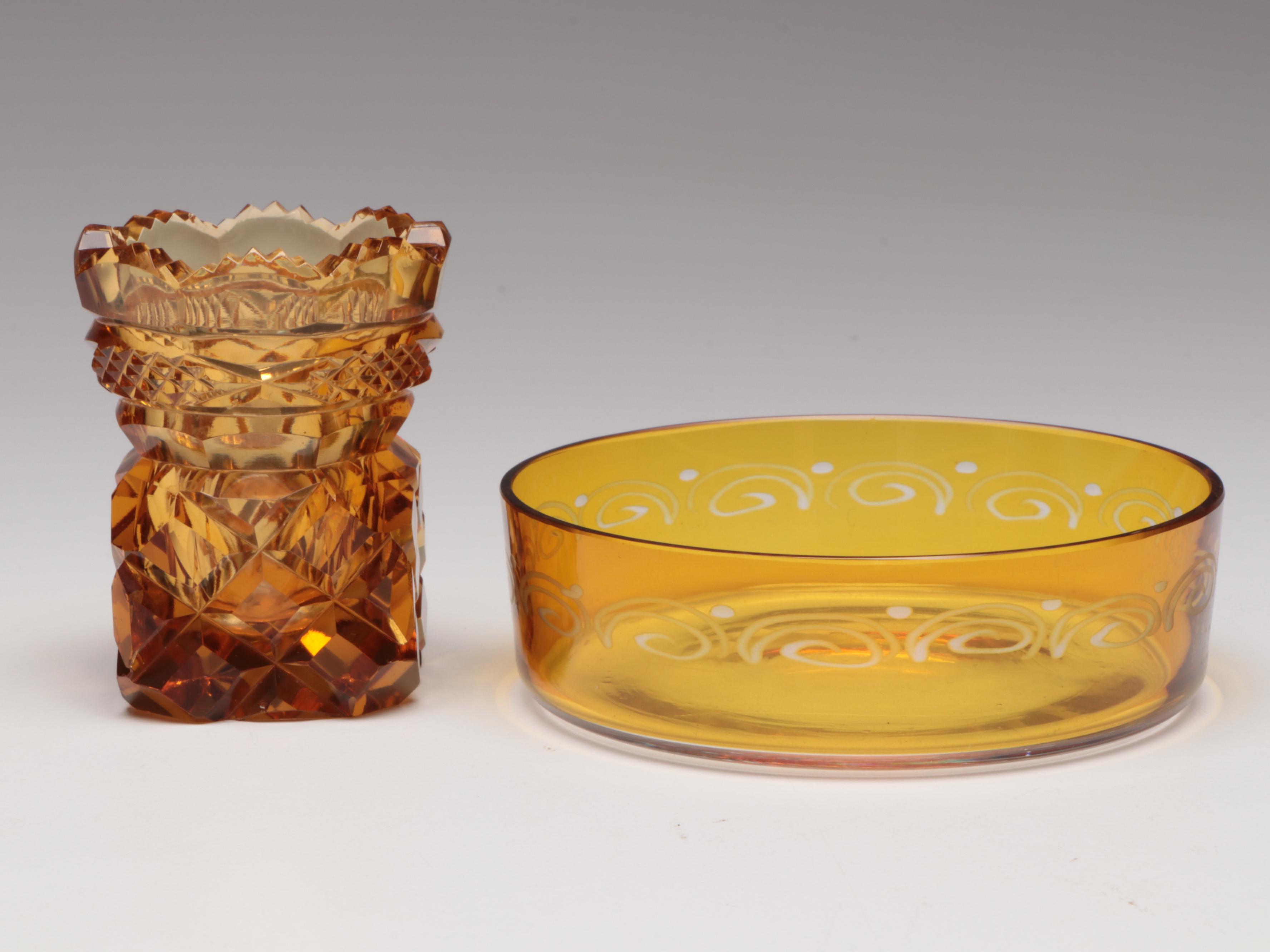 Victorian Style Cut Amber Glass Toothpick Holder with Other Amber Glass Décor
