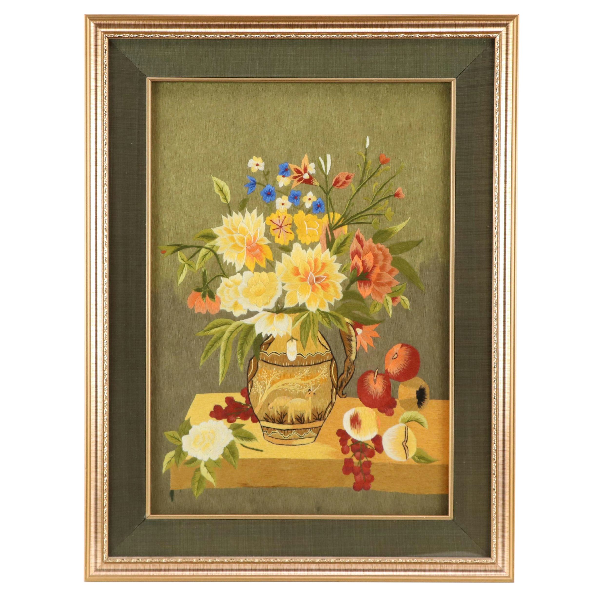 World Threads Handmade Embroidery Still Life of Flower Bouquet and Fruits