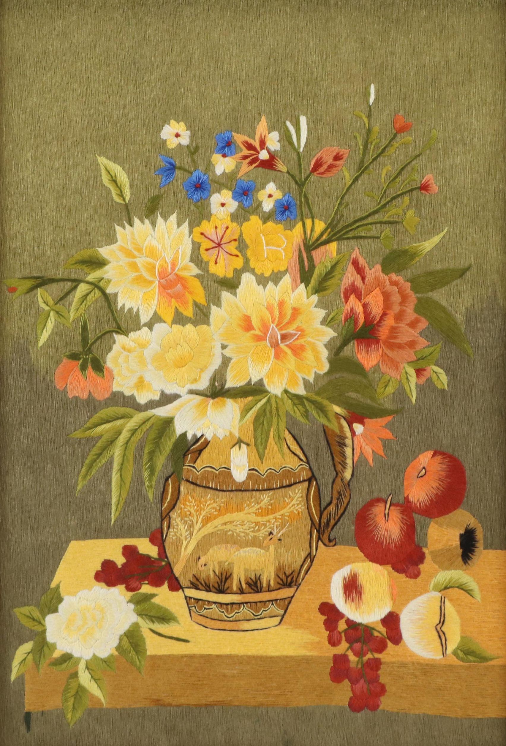 World Threads Handmade Embroidery Still Life of Flower Bouquet and Fruits