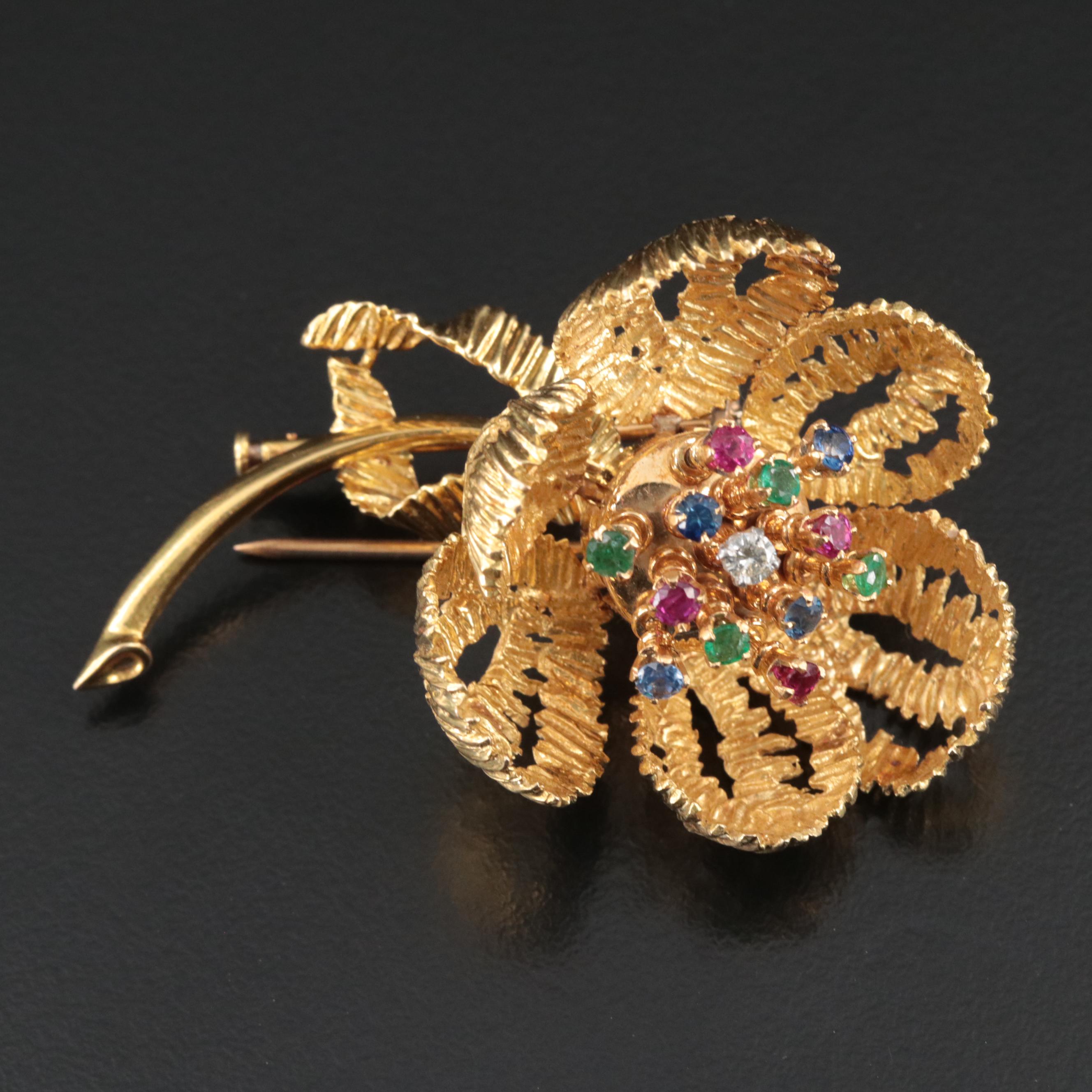 French 18K Diamond, Ruby, Emerald and Sapphire Articulated Flower Brooch
