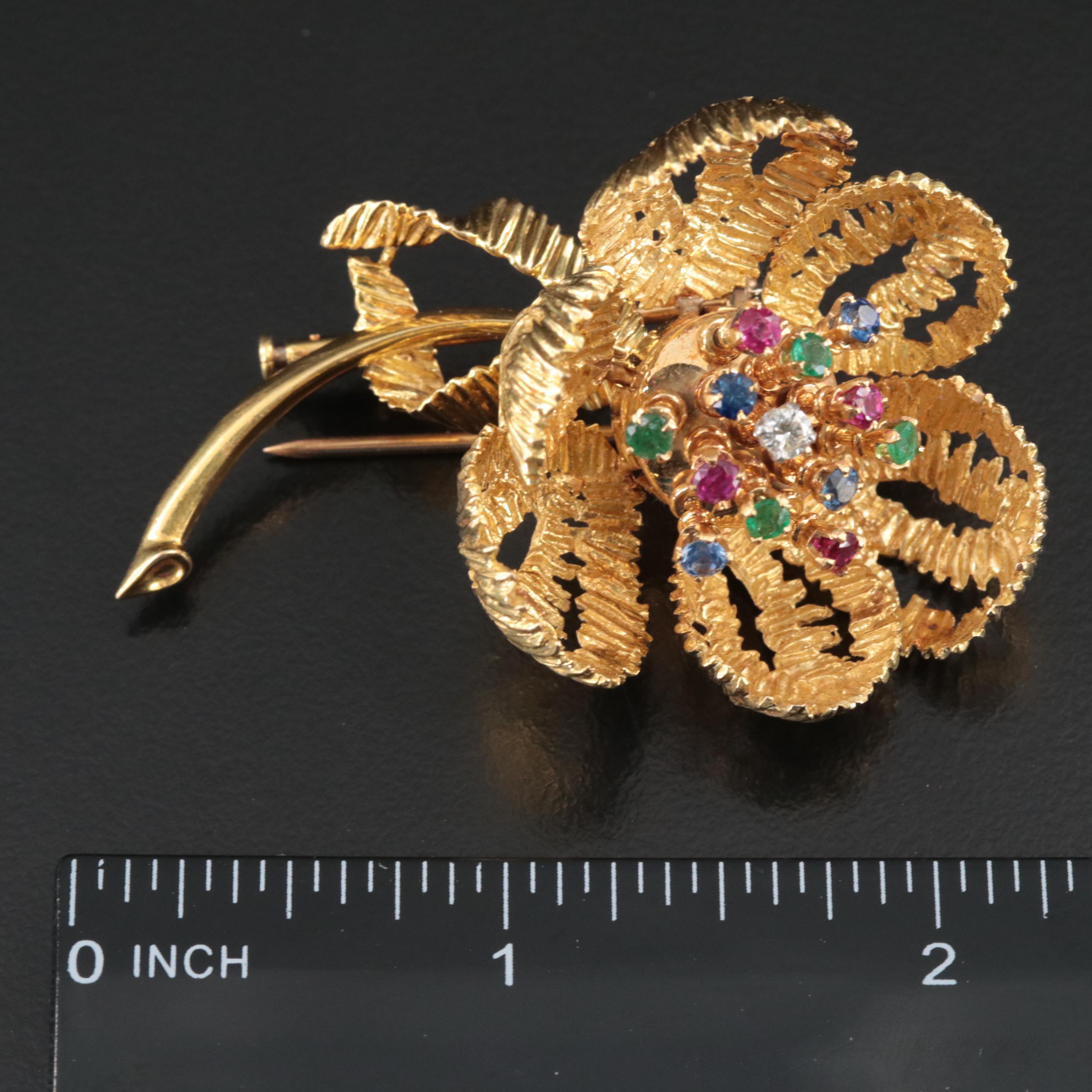 French 18K Diamond, Ruby, Emerald and Sapphire Articulated Flower Brooch