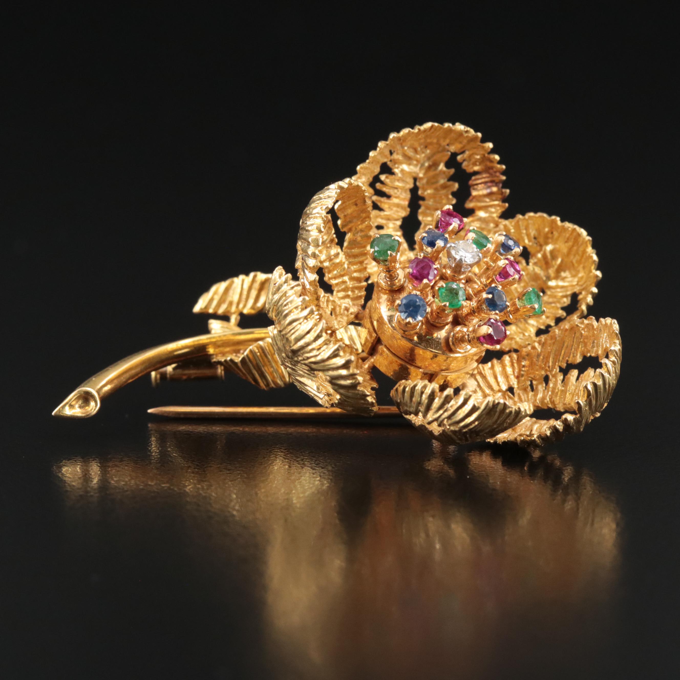 French 18K Diamond, Ruby, Emerald and Sapphire Articulated Flower Brooch