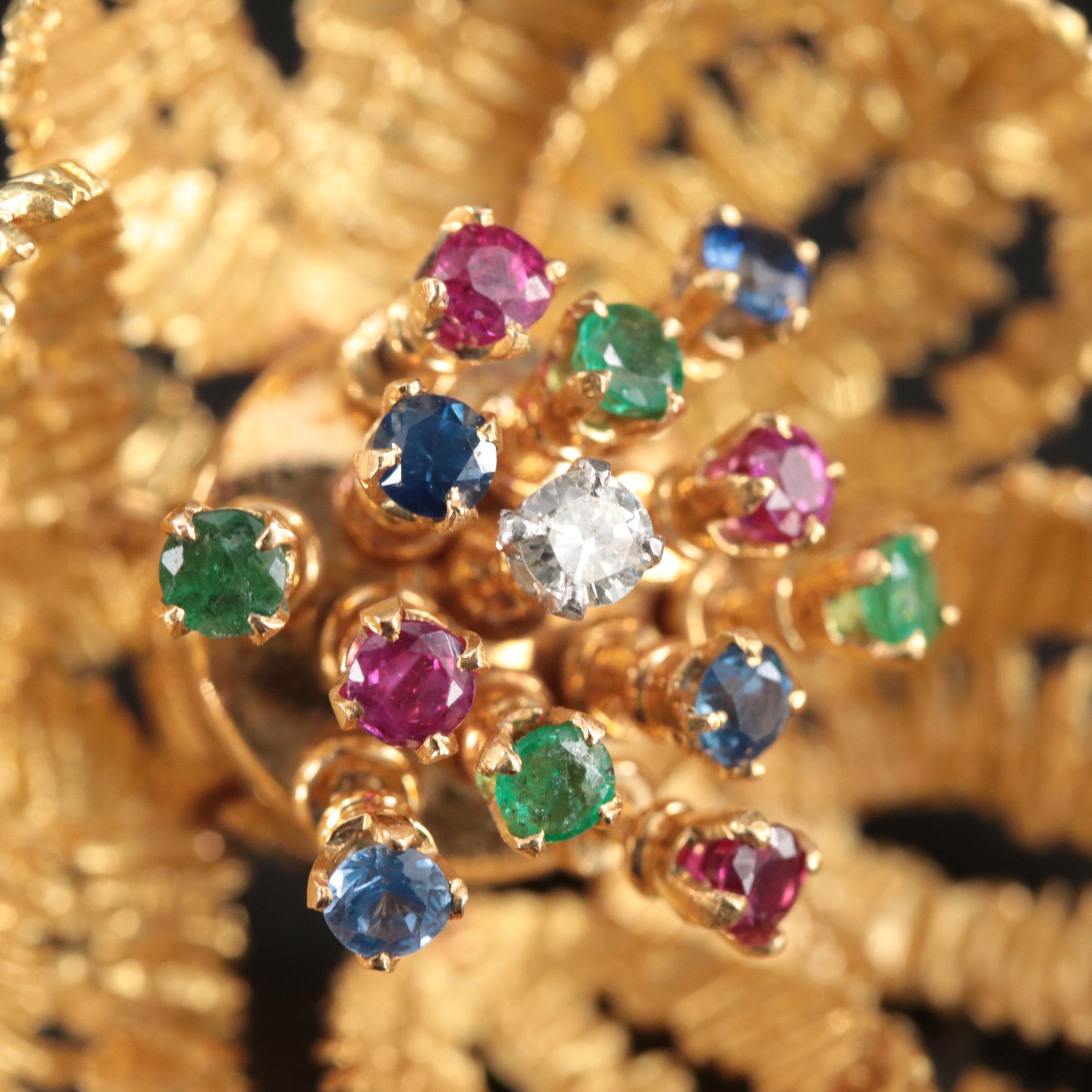 French 18K Diamond, Ruby, Emerald and Sapphire Articulated Flower Brooch