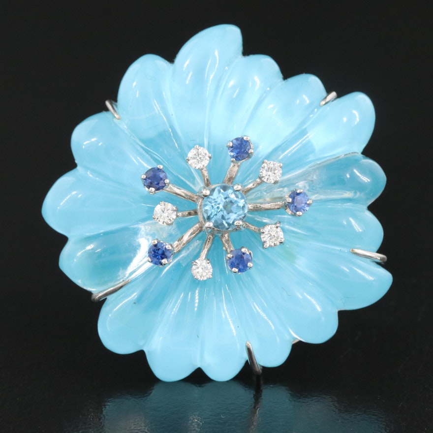 18K Quartz and Imitation Turquoise Doublet, Topaz and Diamond Flower Brooch