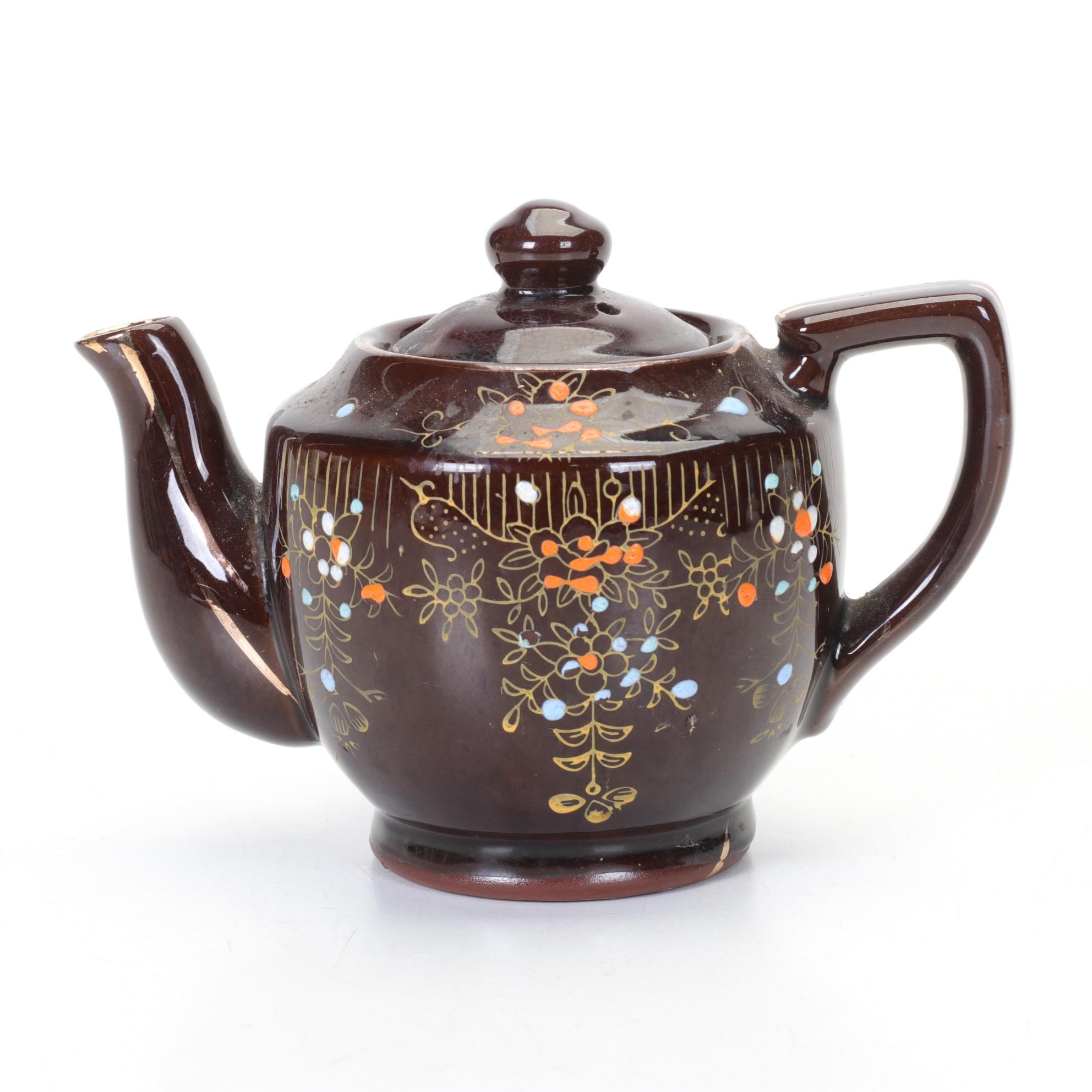 Three Brown Glazed Ceramic Teapots with Enamel Decorations, Mid 20th Century