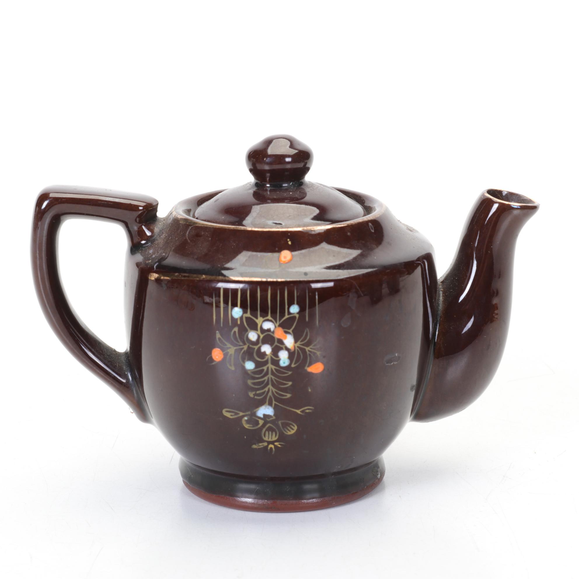 Three Brown Glazed Ceramic Teapots with Enamel Decorations, Mid 20th Century