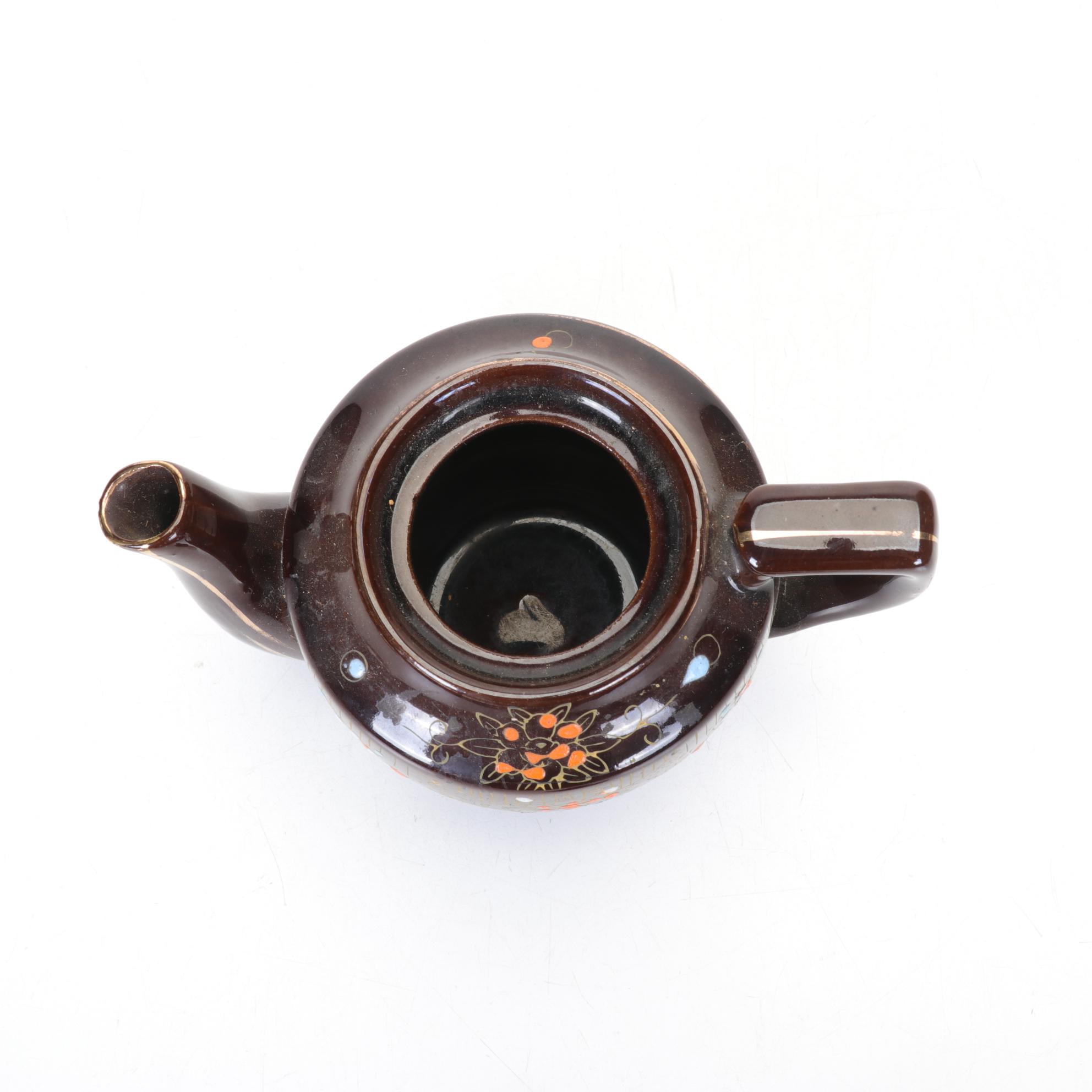 Three Brown Glazed Ceramic Teapots with Enamel Decorations, Mid 20th Century