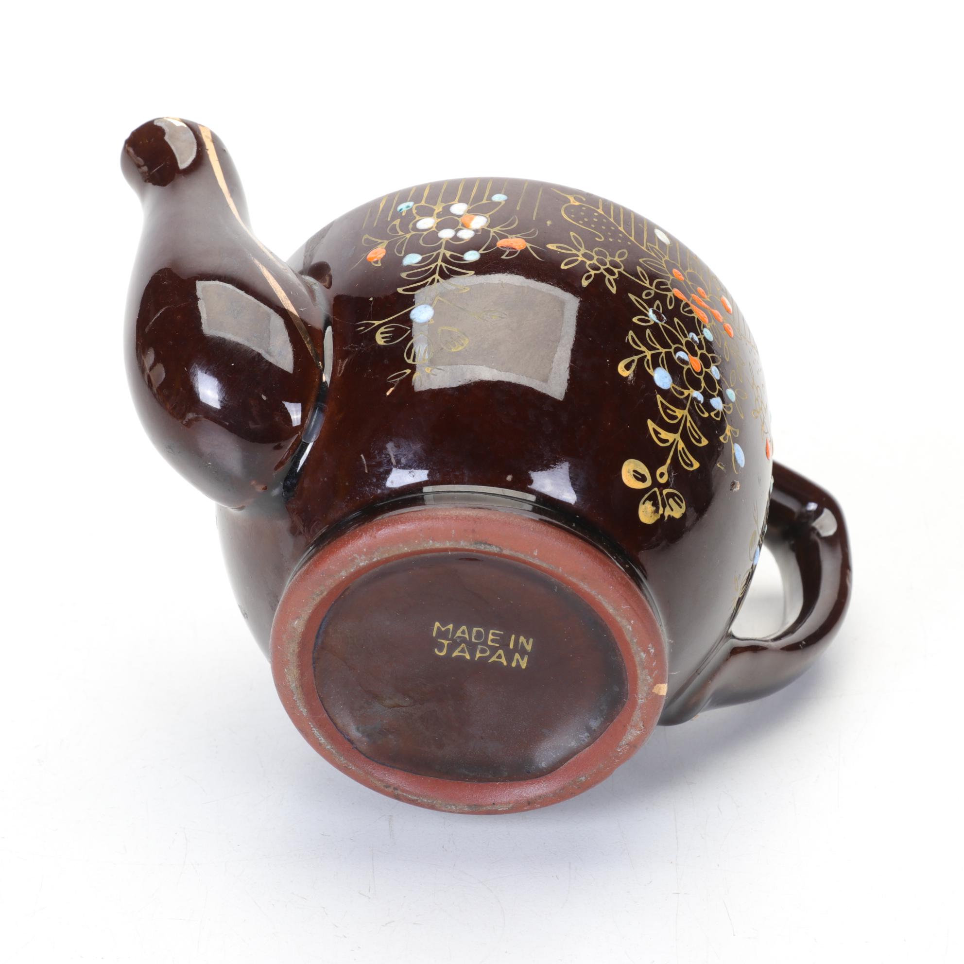 Three Brown Glazed Ceramic Teapots with Enamel Decorations, Mid 20th Century
