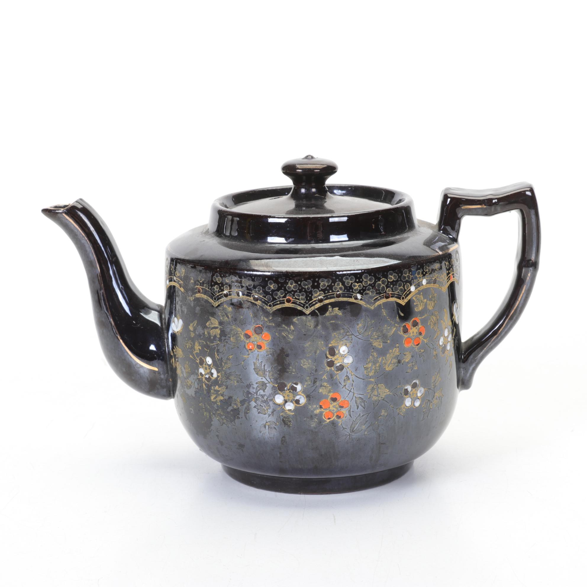Three Brown Glazed Ceramic Teapots with Enamel Decorations, Mid 20th Century