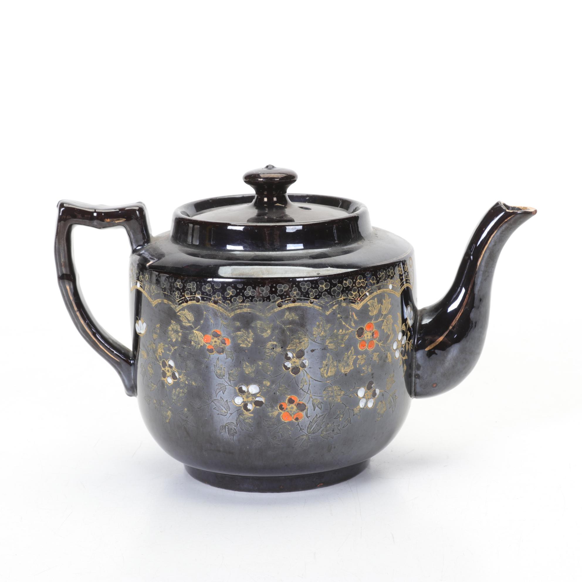 Three Brown Glazed Ceramic Teapots with Enamel Decorations, Mid 20th Century