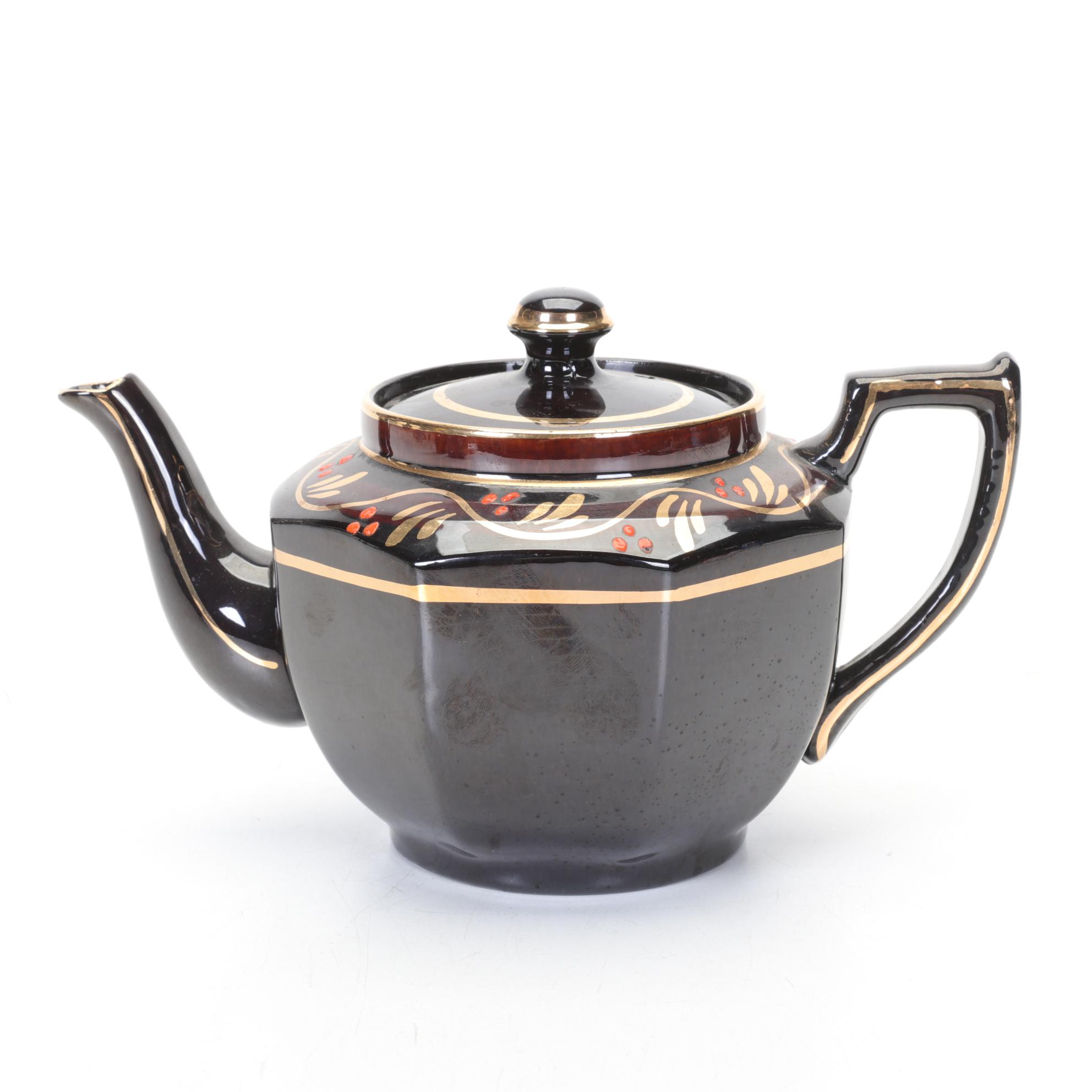 Three Brown Glazed Ceramic Teapots with Enamel Decorations, Mid 20th Century