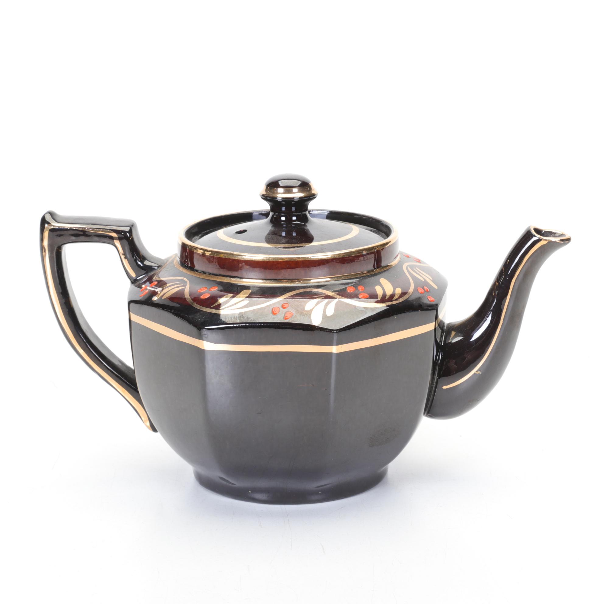Three Brown Glazed Ceramic Teapots with Enamel Decorations, Mid 20th Century
