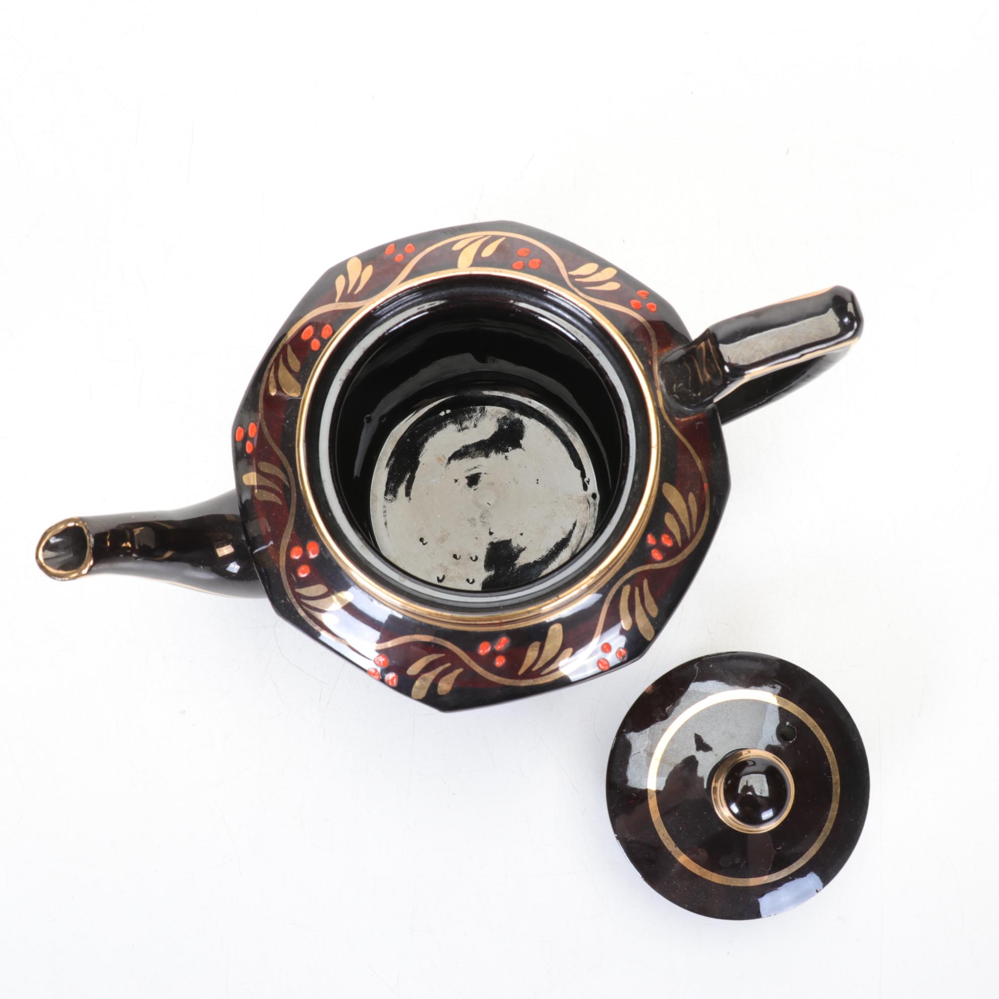 Three Brown Glazed Ceramic Teapots with Enamel Decorations, Mid 20th Century